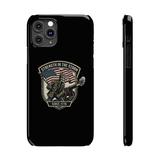 American Slim Phone Case — "Strength in the Storm" Patriotic Skeleton Soldier Design