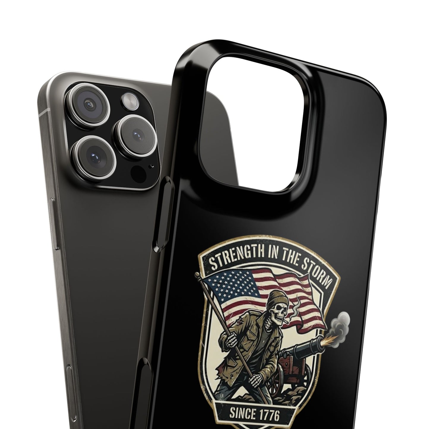 American Slim Phone Case — "Strength in the Storm" Patriotic Skeleton Soldier Design