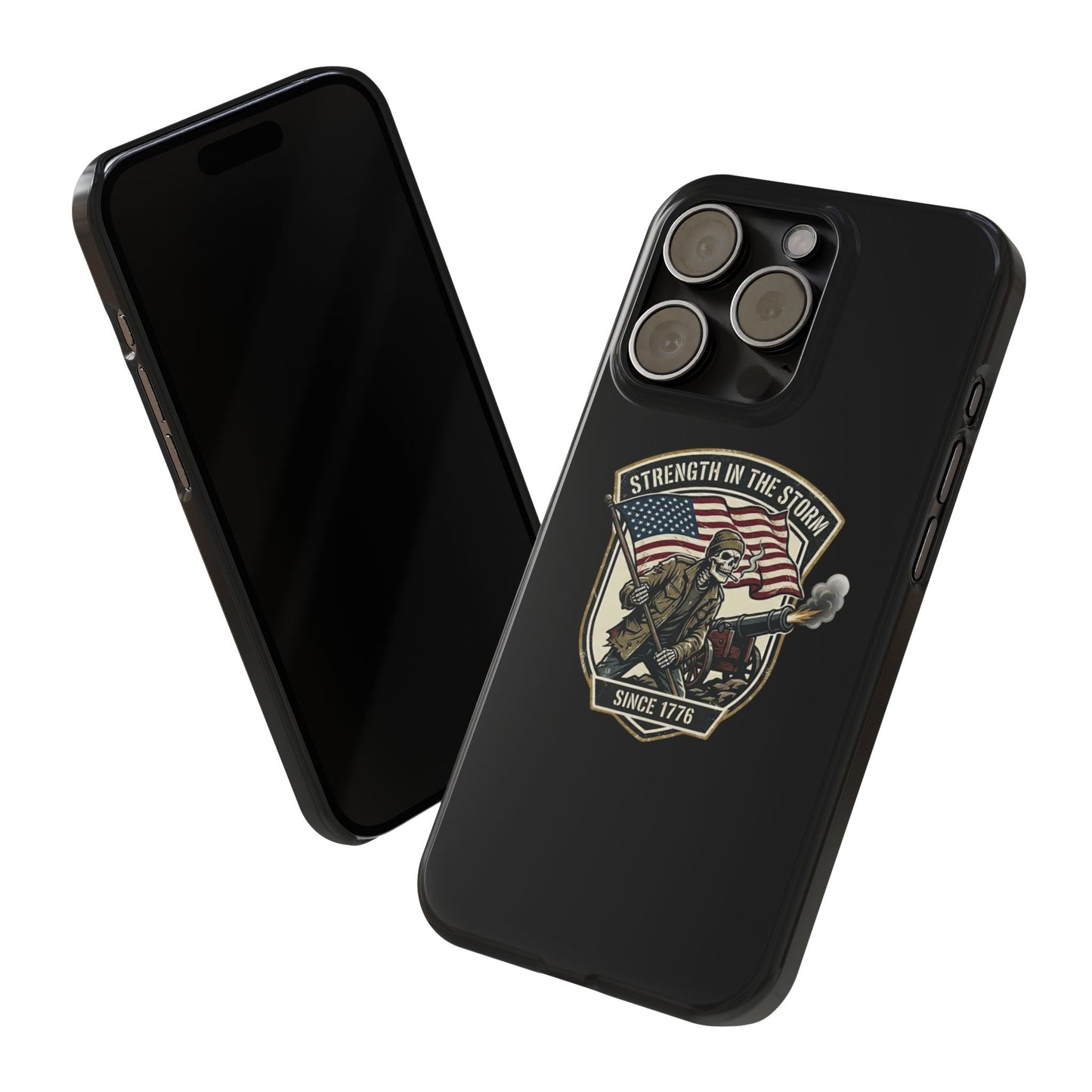 American Slim Phone Case — "Strength in the Storm" Patriotic Skeleton Soldier Design