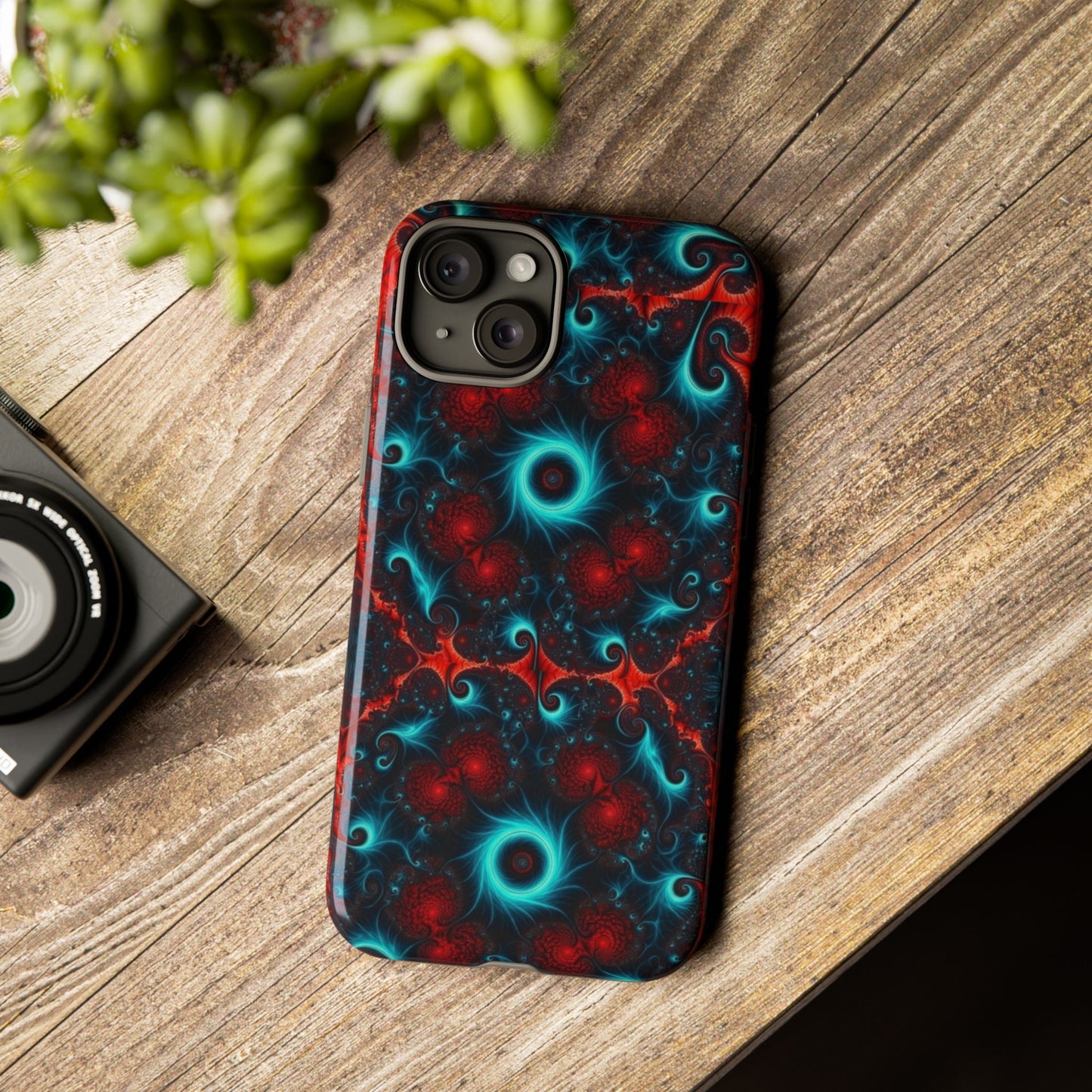 Phone case glossy ---Galaxy Fractal Tough Phone Case — Red & Teal Abstract Protective Cover