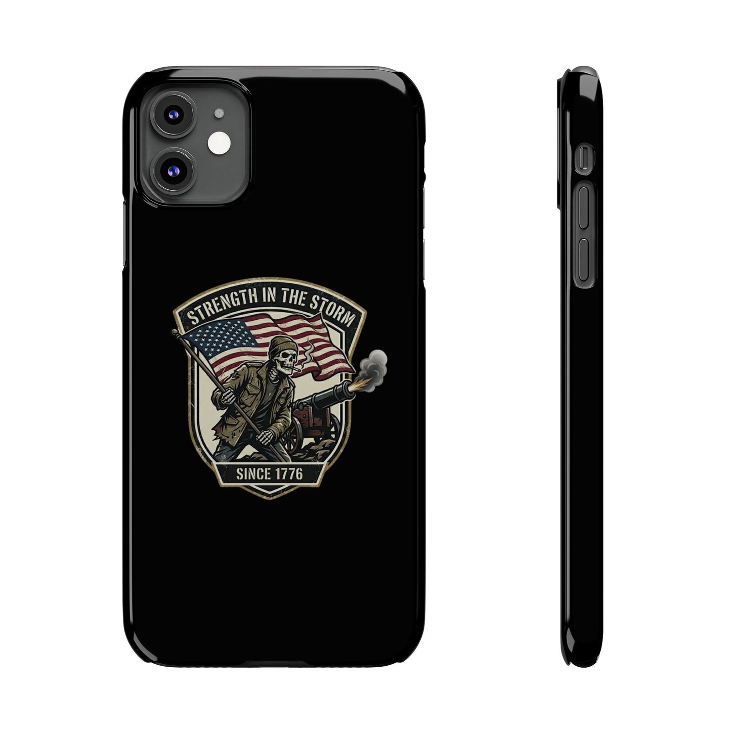 American Slim Phone Case — "Strength in the Storm" Patriotic Skeleton Soldier Design