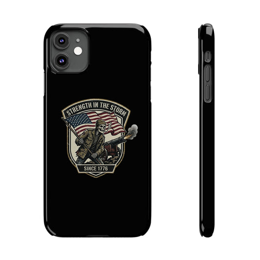 American Slim Phone Case — "Strength in the Storm" Patriotic Skeleton Soldier Design