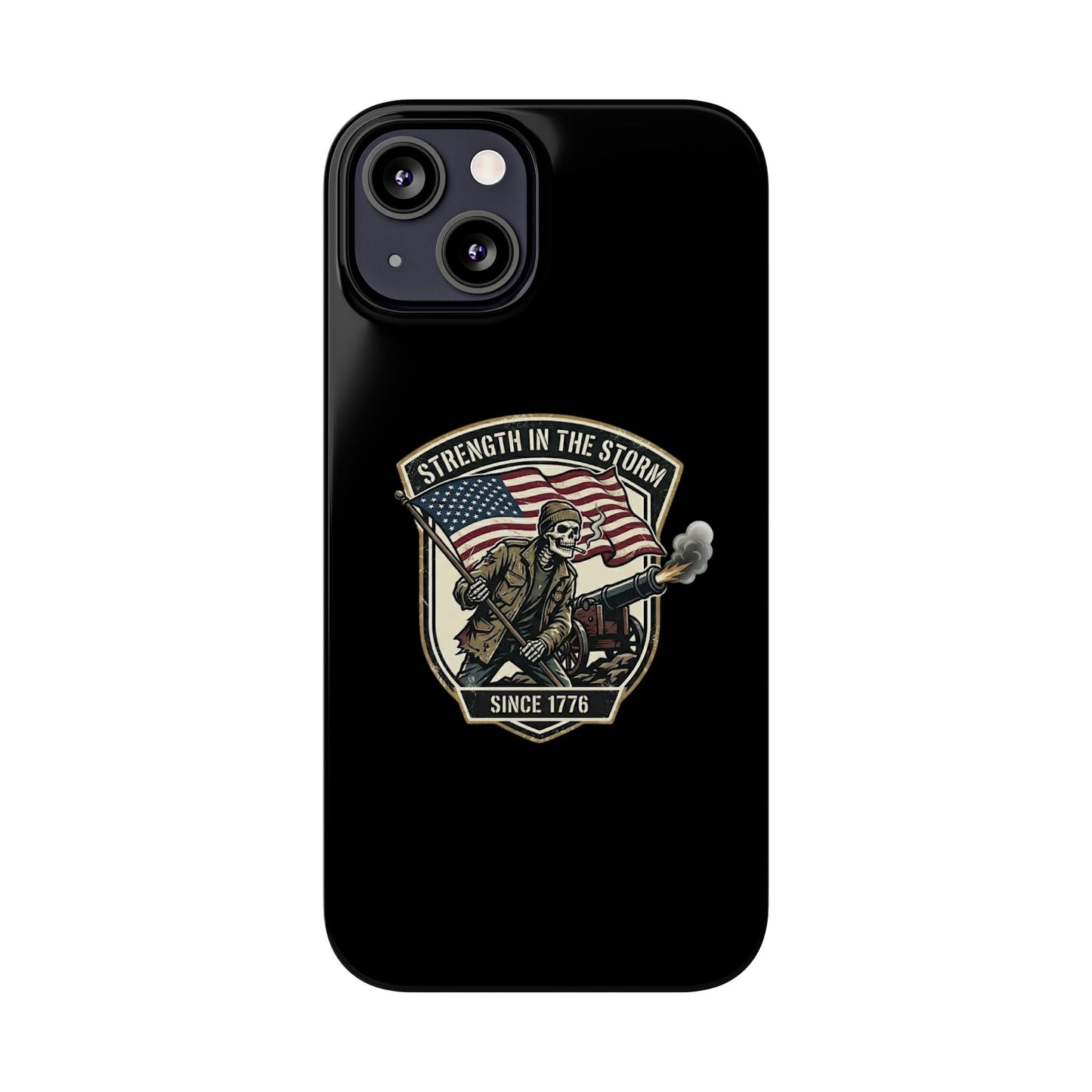 American Slim Phone Case — "Strength in the Storm" Patriotic Skeleton Soldier Design