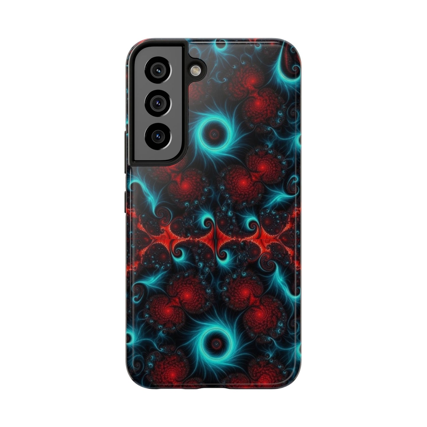 Fractal Bloom Tough Phone Case — Neon Red & Teal Protective Cover