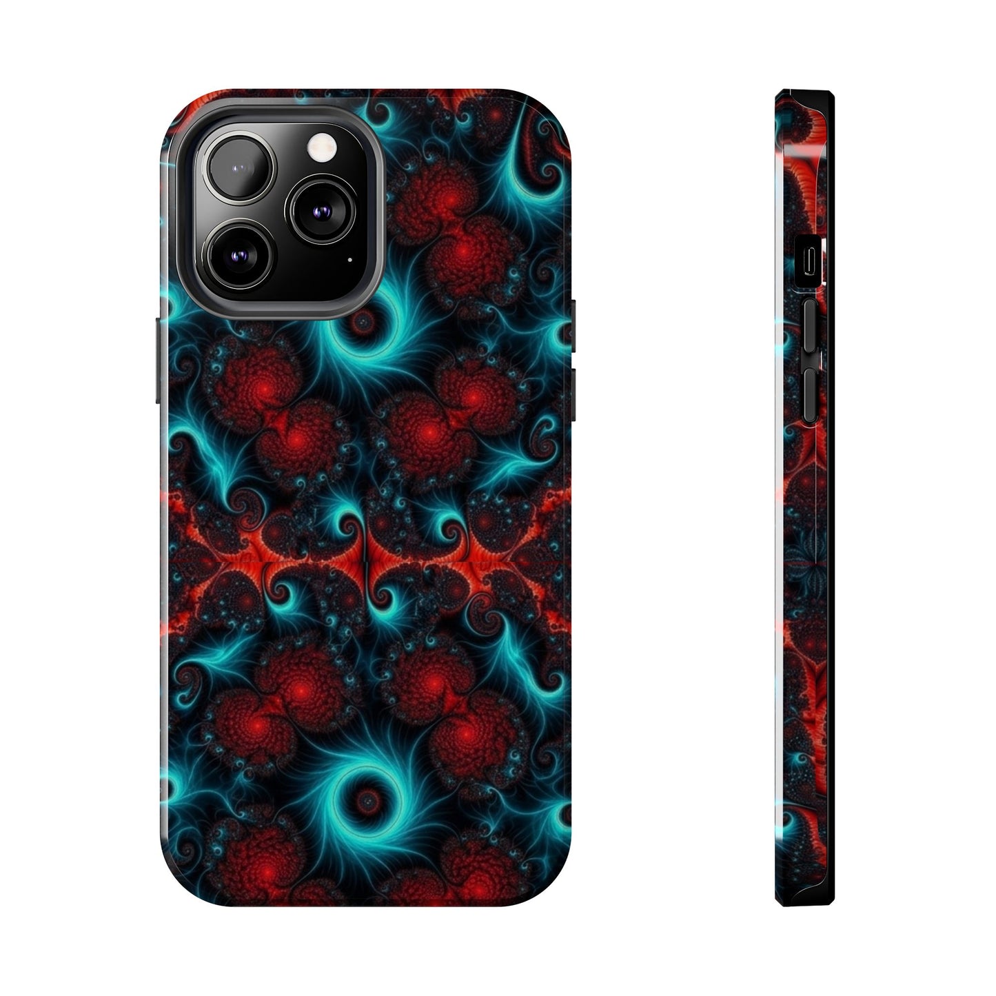 Fractal Bloom Tough Phone Case — Neon Red & Teal Protective Cover