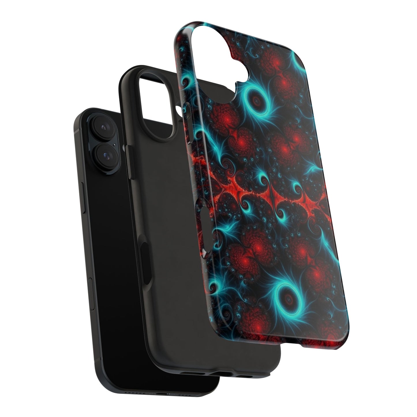 Fractal Bloom Tough Phone Case — Neon Red & Teal Protective Cover