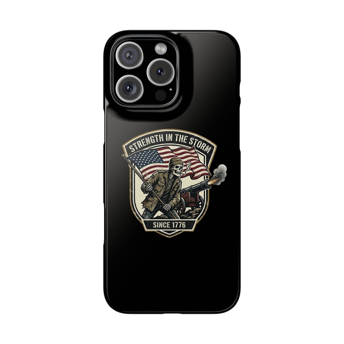 American Slim Phone Case — "Strength in the Storm" Patriotic Skeleton Soldier Design