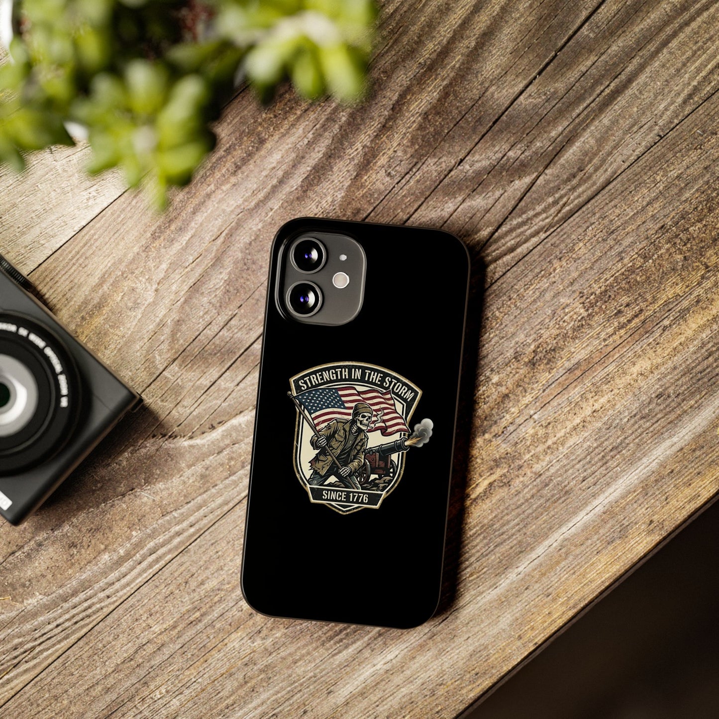 American Slim Phone Case — "Strength in the Storm" Patriotic Skeleton Soldier Design