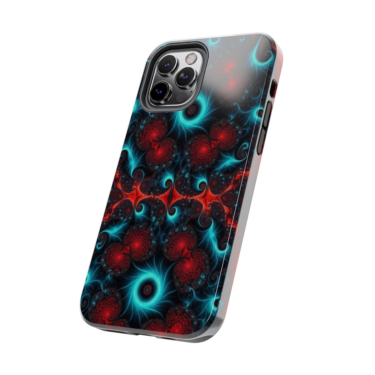 Fractal Bloom Tough Phone Case — Neon Red & Teal Protective Cover