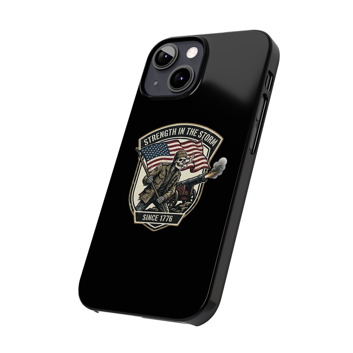 American Slim Phone Case — "Strength in the Storm" Patriotic Skeleton Soldier Design