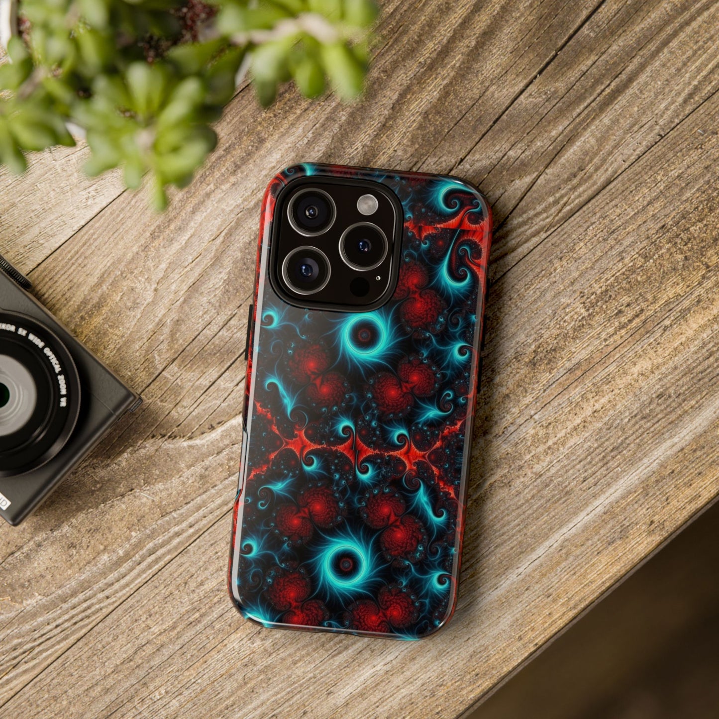 Phone case glossy ---Galaxy Fractal Tough Phone Case — Red & Teal Abstract Protective Cover