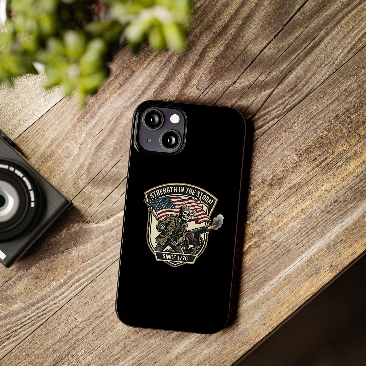 American Slim Phone Case — "Strength in the Storm" Patriotic Skeleton Soldier Design