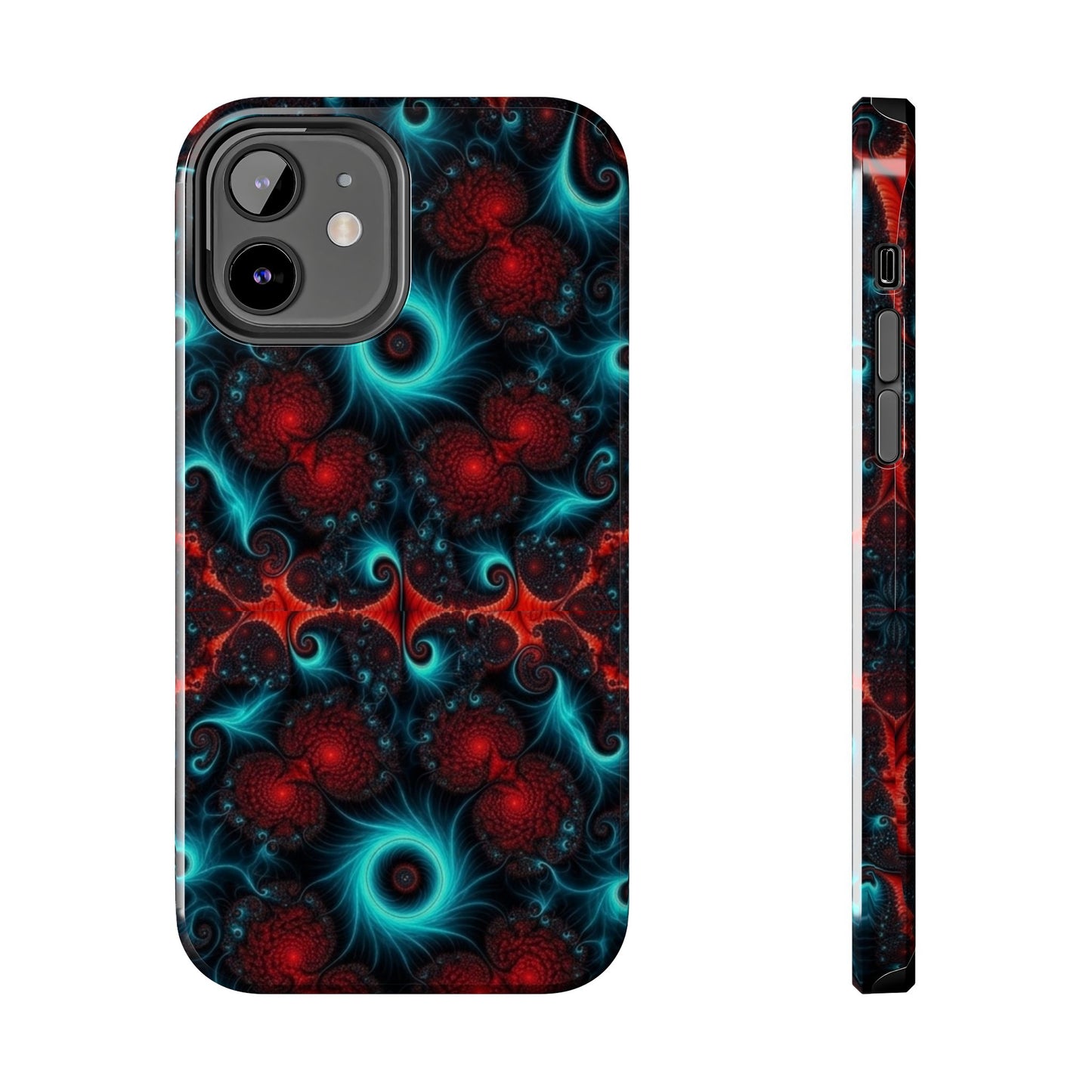 Fractal Bloom Tough Phone Case — Neon Red & Teal Protective Cover