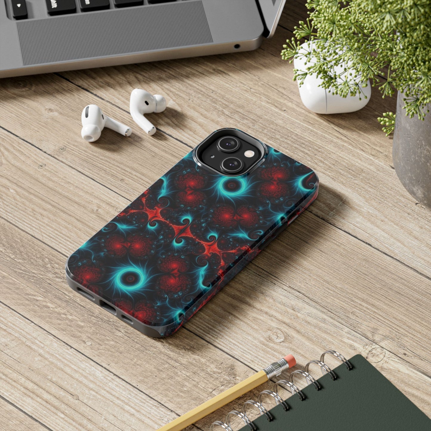 Fractal Bloom Tough Phone Case — Neon Red & Teal Protective Cover