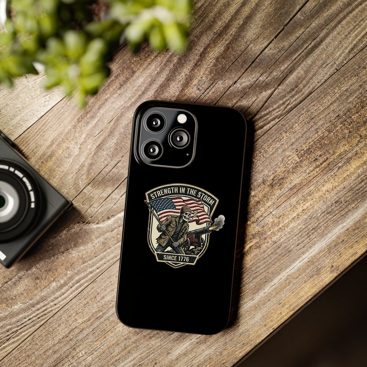 American Slim Phone Case — "Strength in the Storm" Patriotic Skeleton Soldier Design