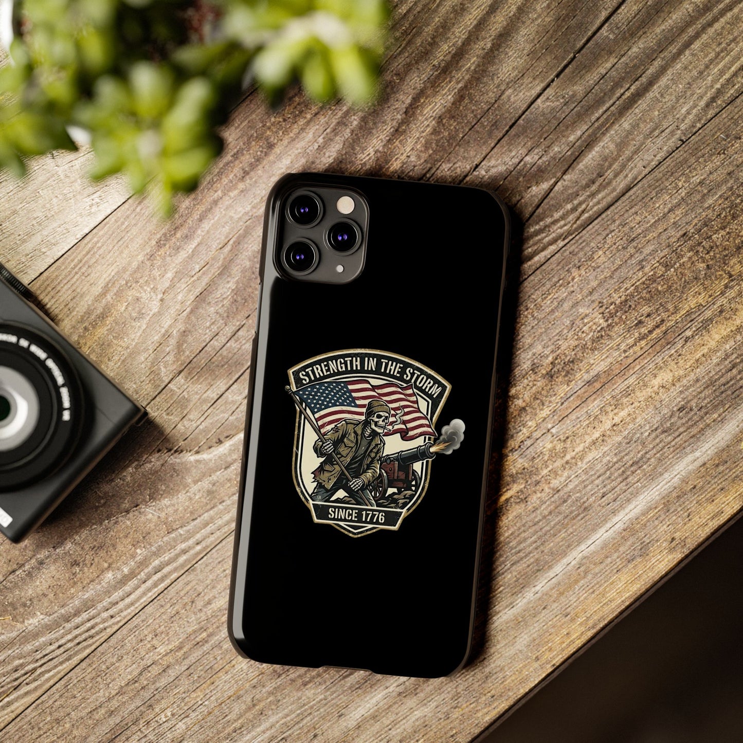 American Slim Phone Case — "Strength in the Storm" Patriotic Skeleton Soldier Design