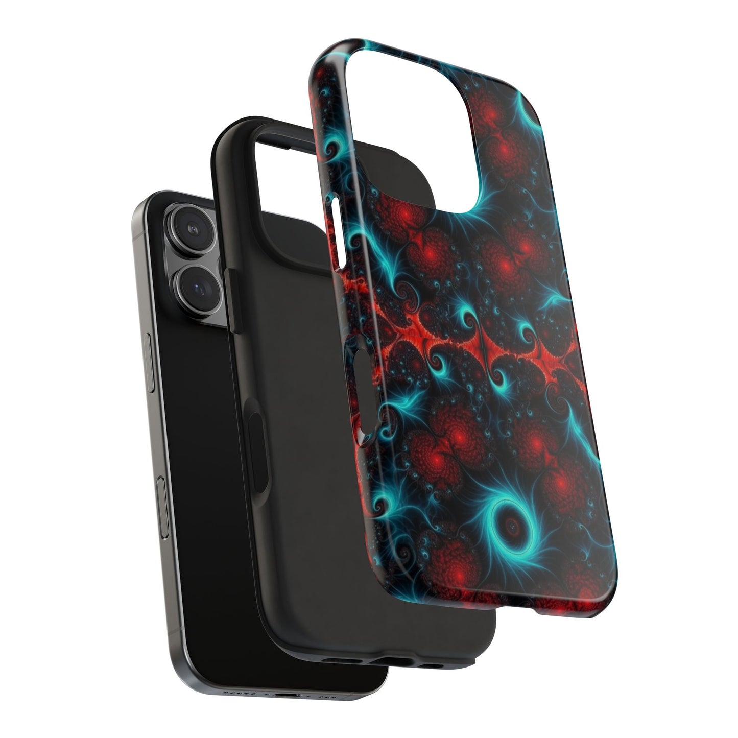 Fractal Bloom Tough Phone Case — Neon Red & Teal Protective Cover