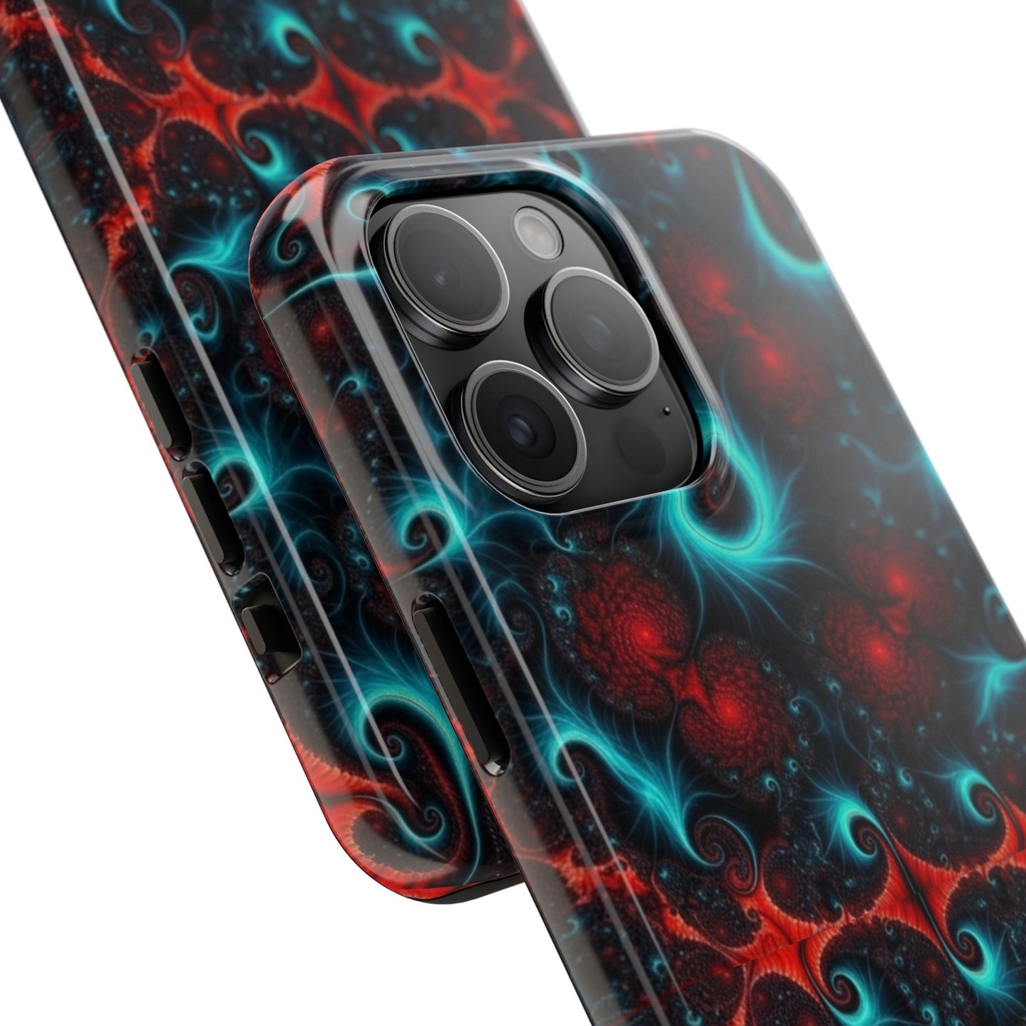 Fractal Bloom Tough Phone Case — Neon Red & Teal Protective Cover