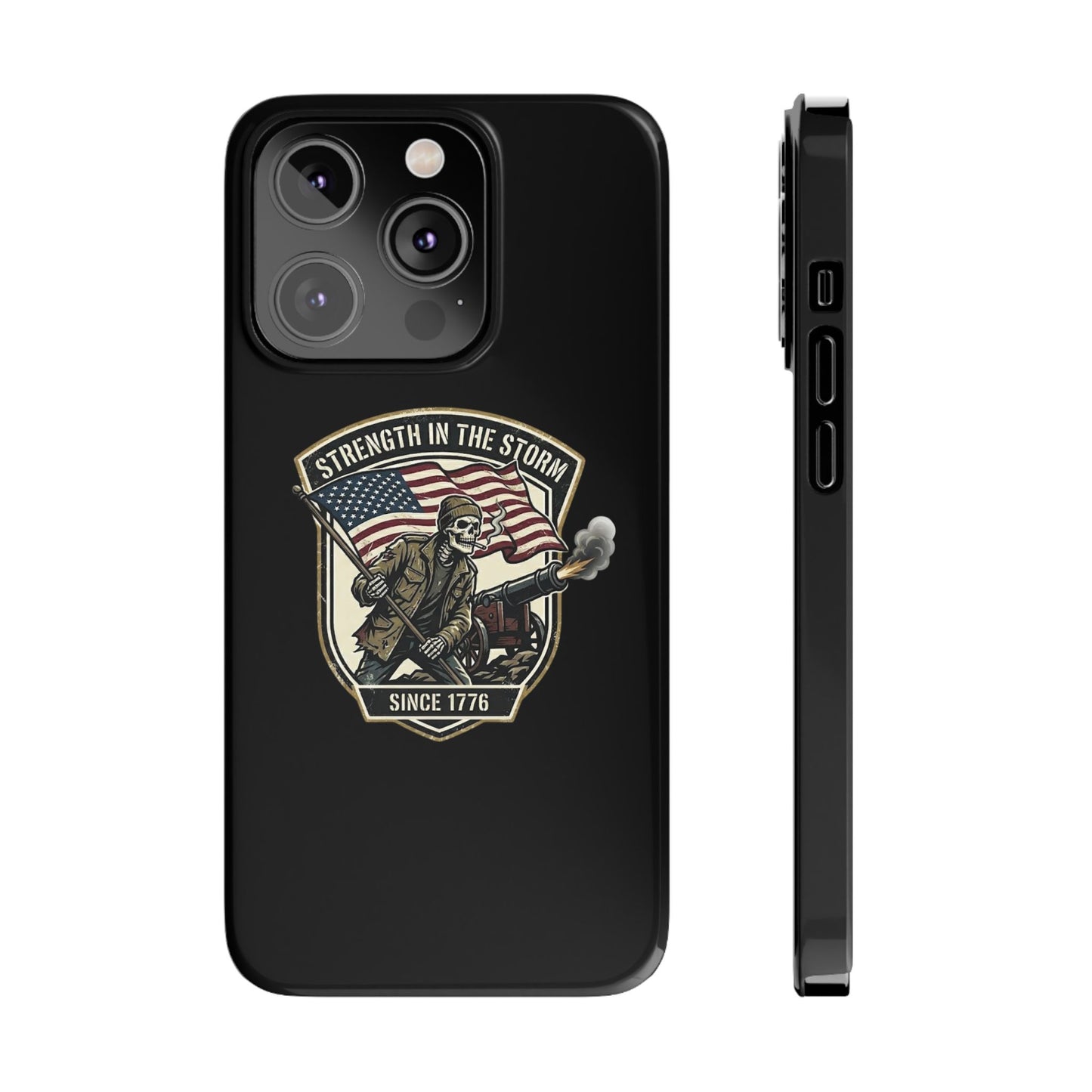 American Slim Phone Case — "Strength in the Storm" Patriotic Skeleton Soldier Design