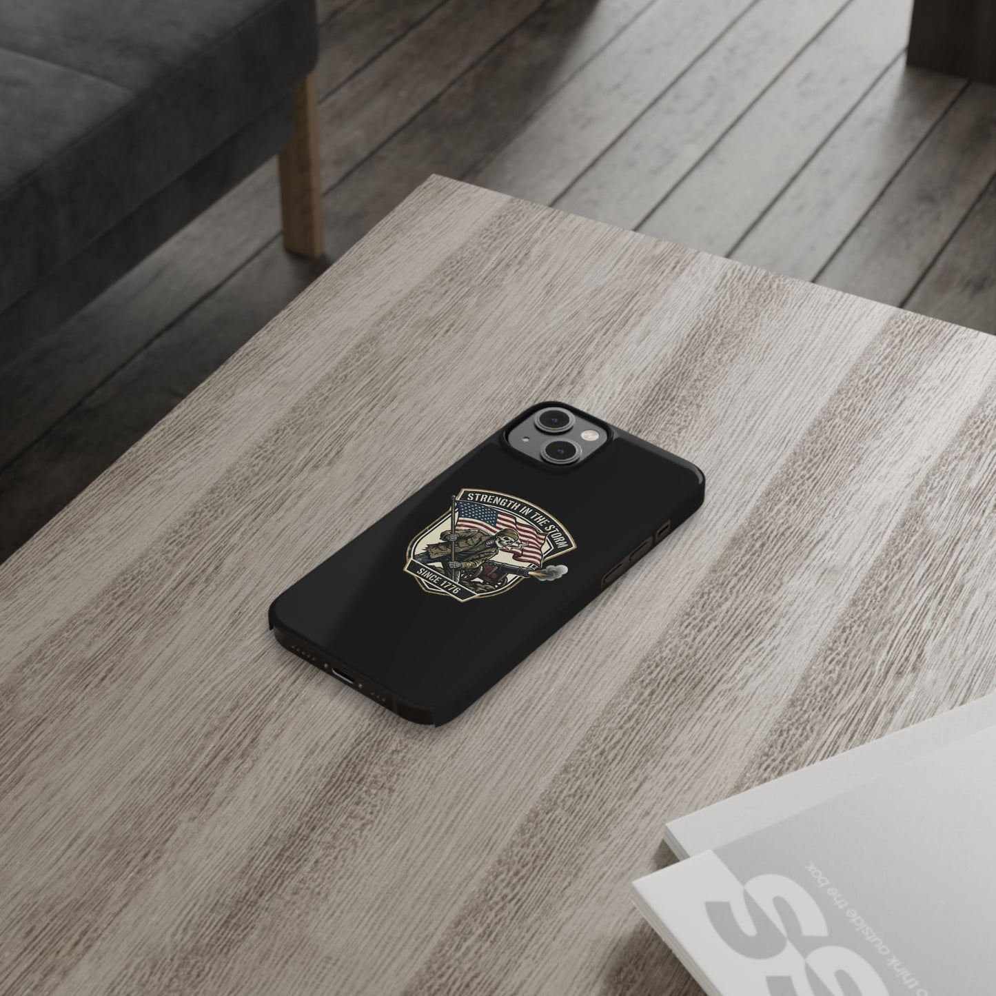 American Slim Phone Case — "Strength in the Storm" Patriotic Skeleton Soldier Design