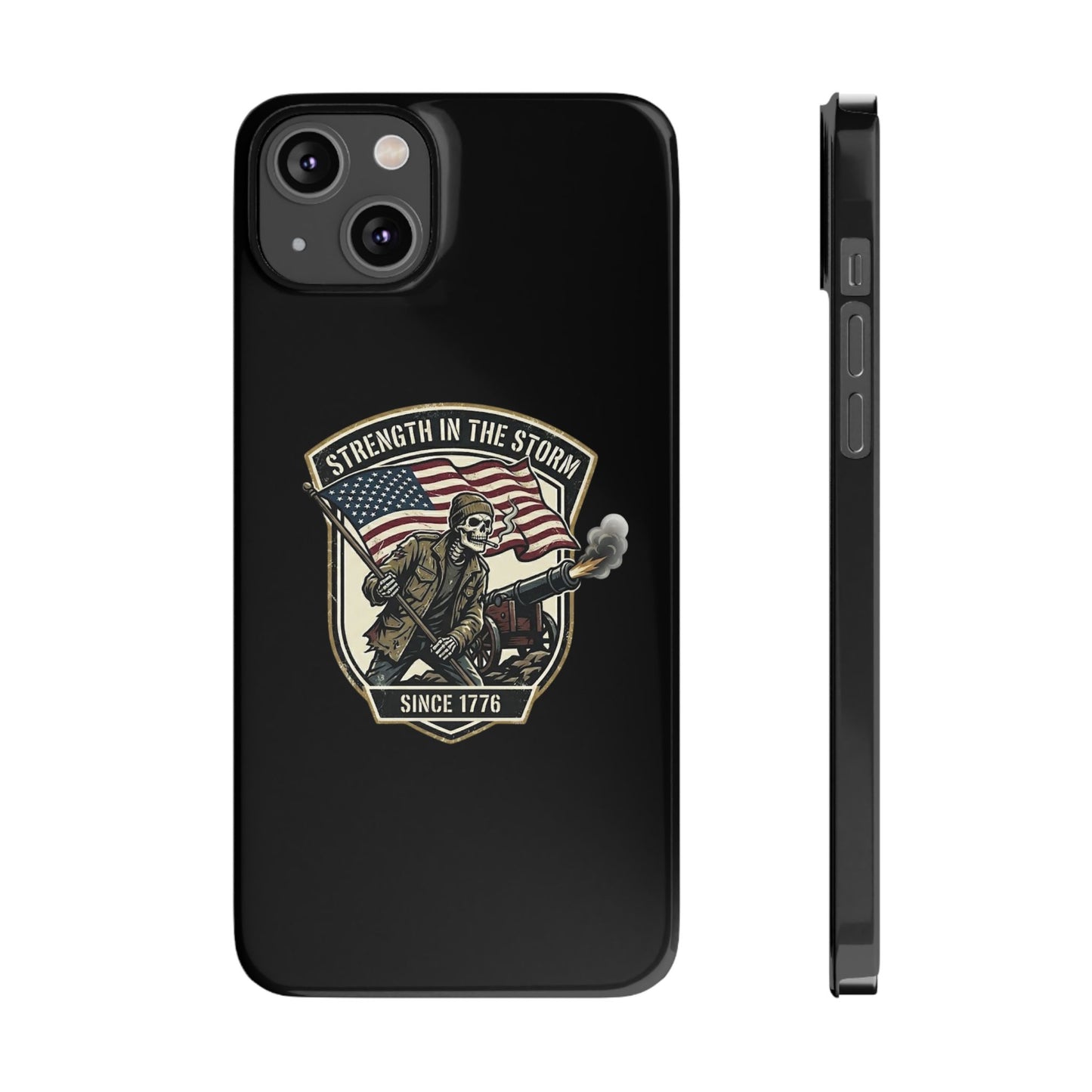 American Slim Phone Case — "Strength in the Storm" Patriotic Skeleton Soldier Design