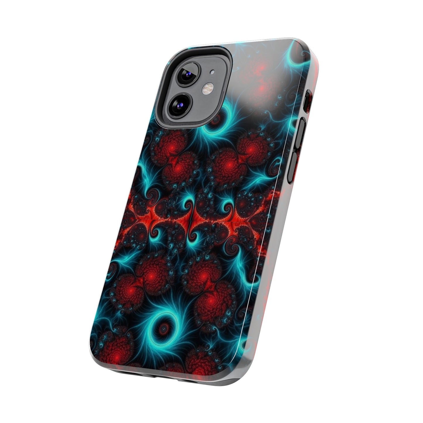 Fractal Bloom Tough Phone Case — Neon Red & Teal Protective Cover
