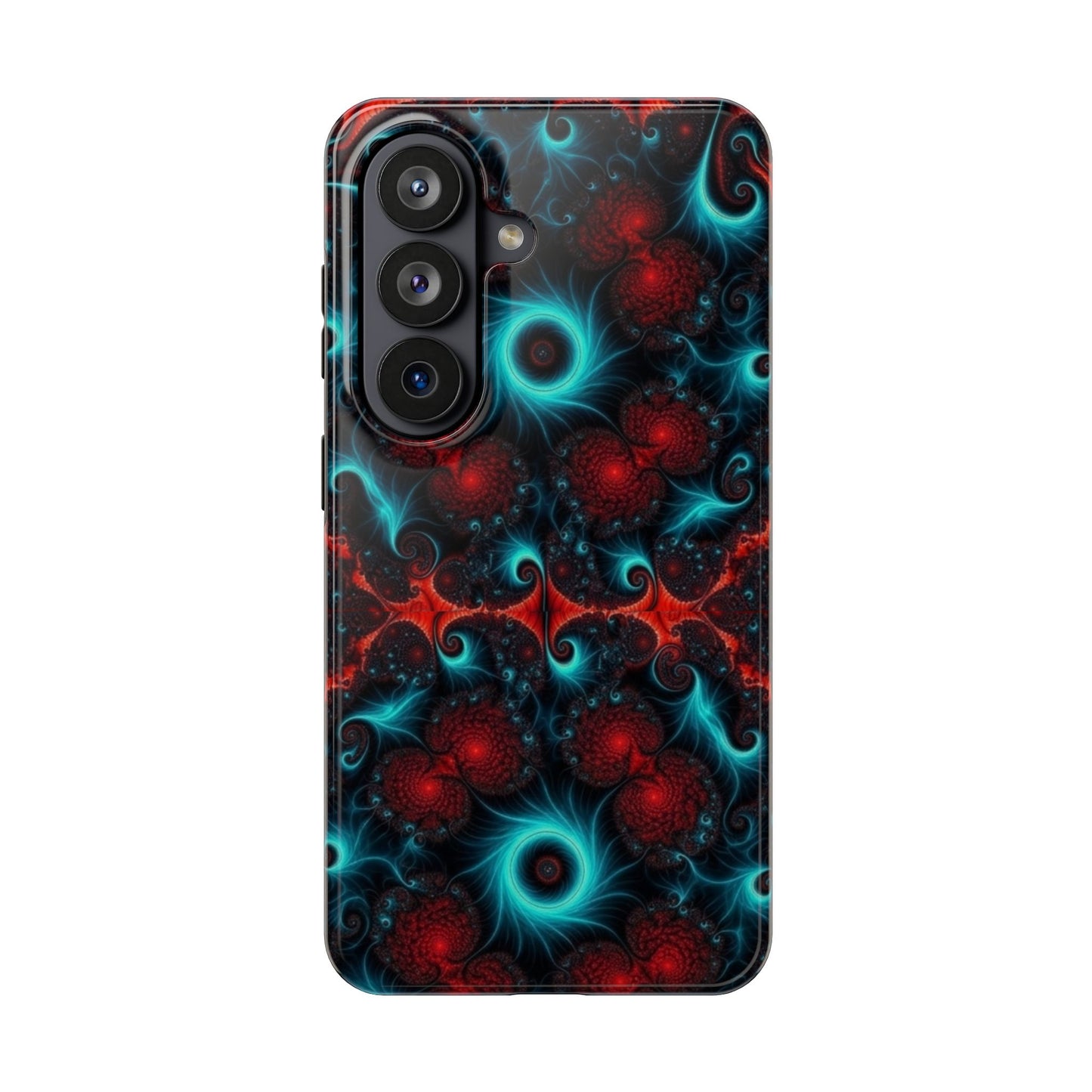 Fractal Bloom Tough Phone Case — Neon Red & Teal Protective Cover