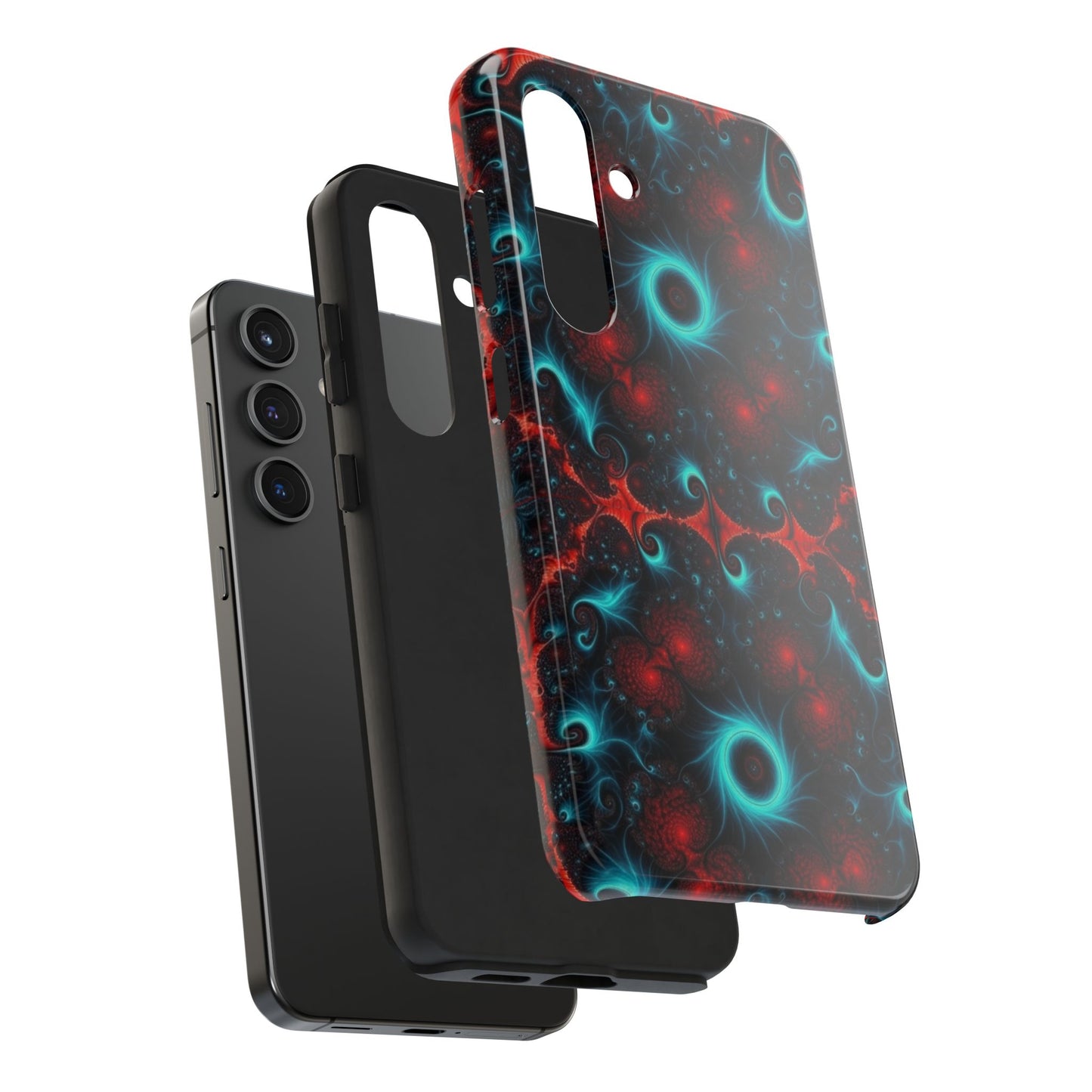 Fractal Bloom Tough Phone Case — Neon Red & Teal Protective Cover
