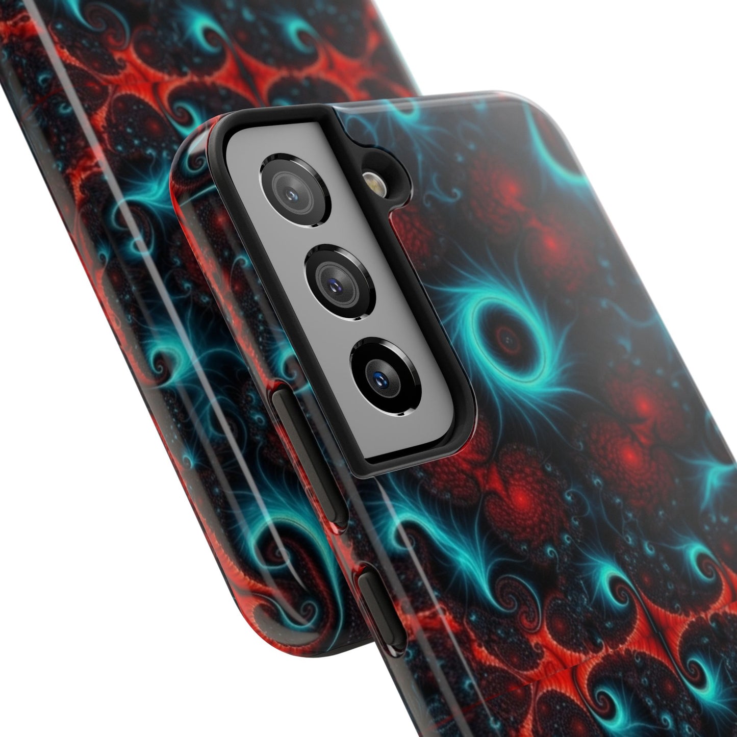 Fractal Bloom Tough Phone Case — Neon Red & Teal Protective Cover