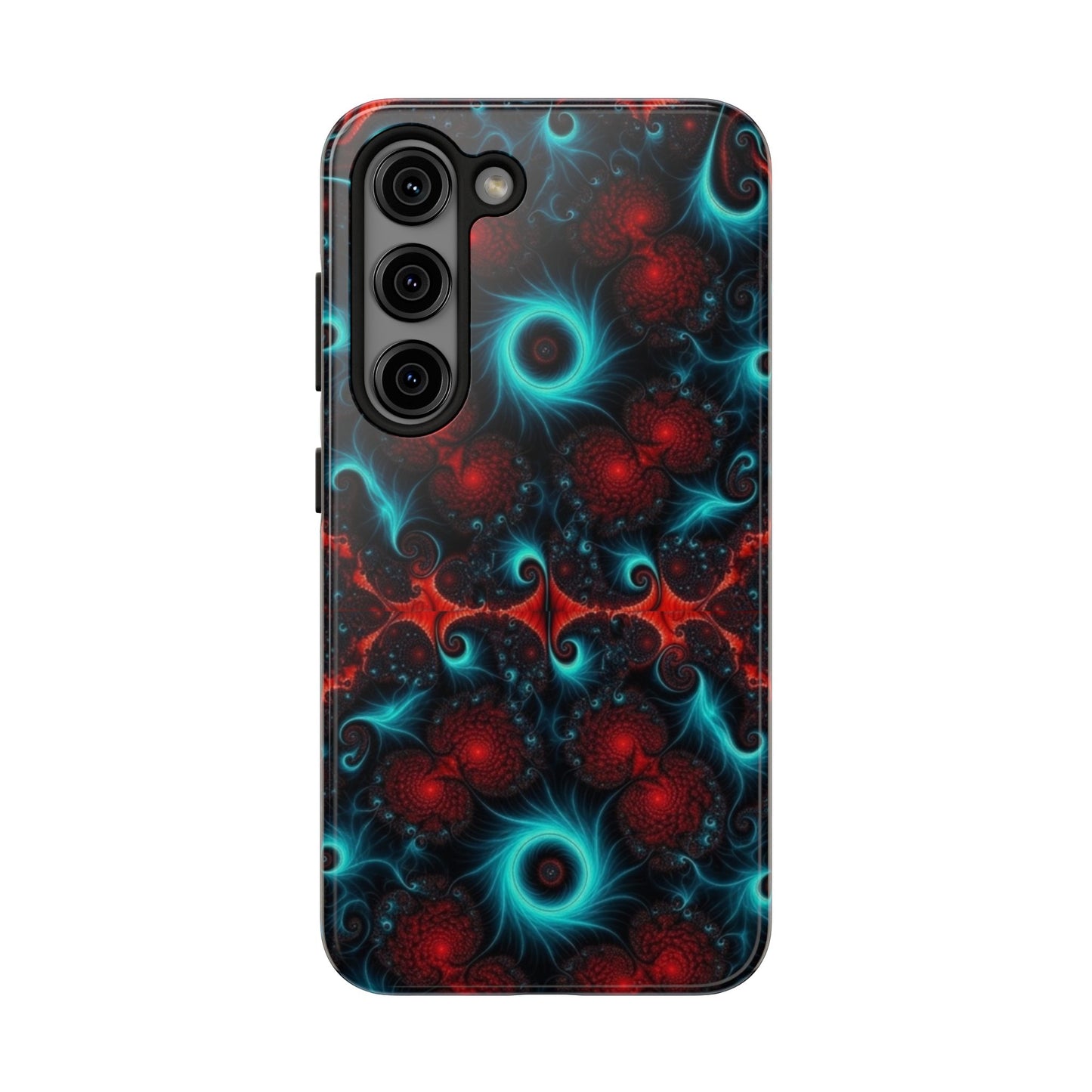 Fractal Bloom Tough Phone Case — Neon Red & Teal Protective Cover