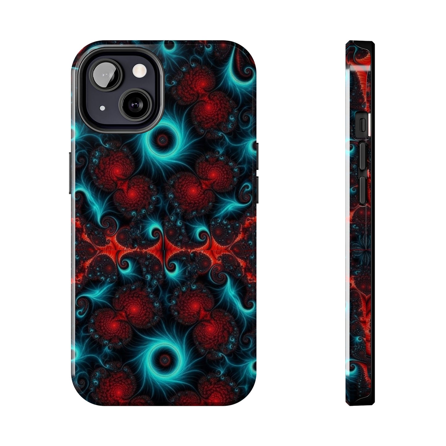 Fractal Bloom Tough Phone Case — Neon Red & Teal Protective Cover