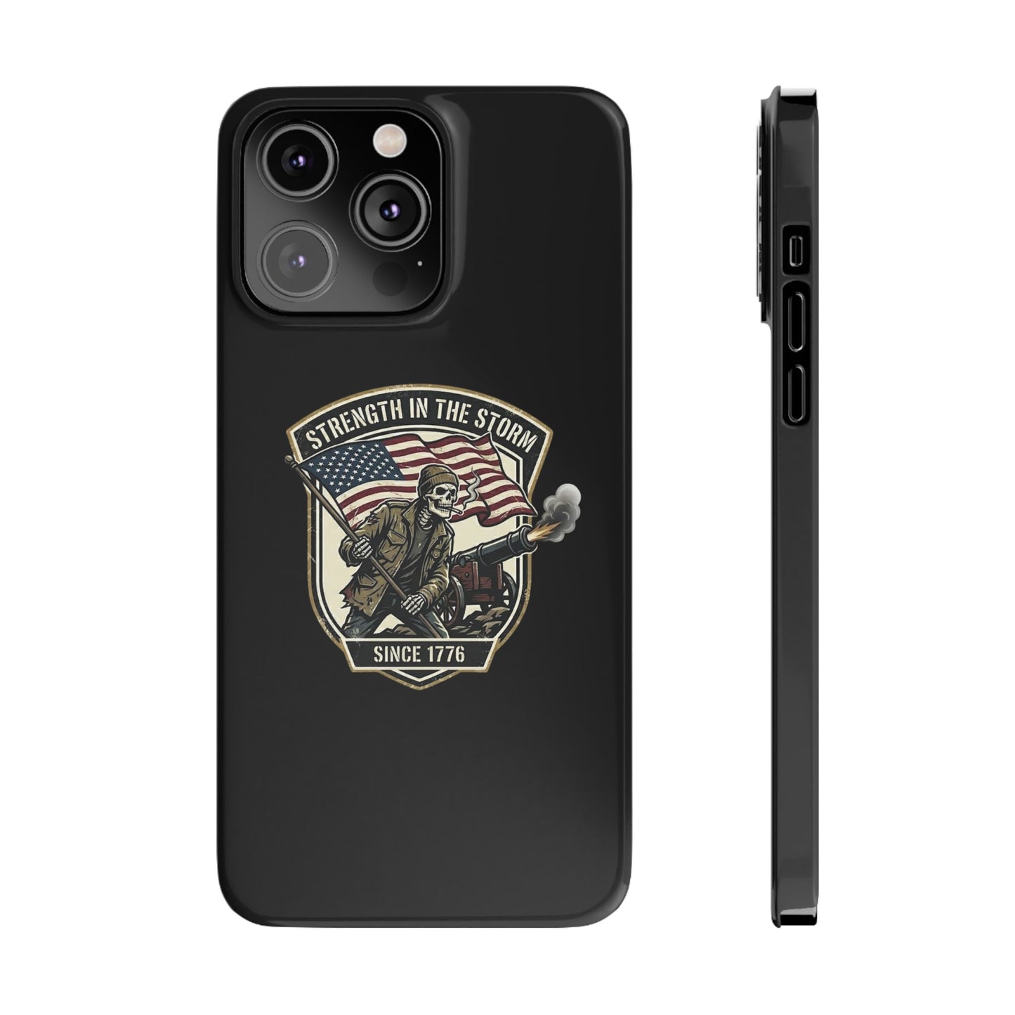 American Slim Phone Case — "Strength in the Storm" Patriotic Skeleton Soldier Design