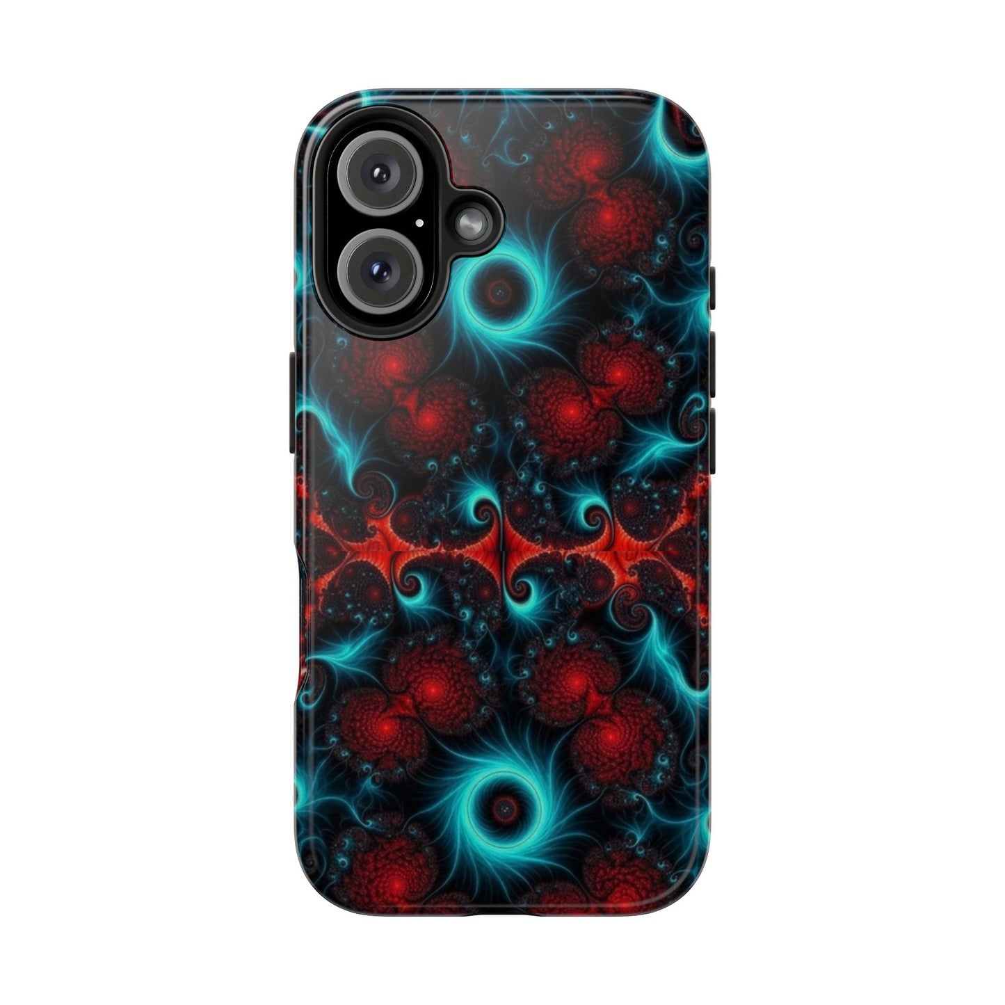 Fractal Bloom Tough Phone Case — Neon Red & Teal Protective Cover