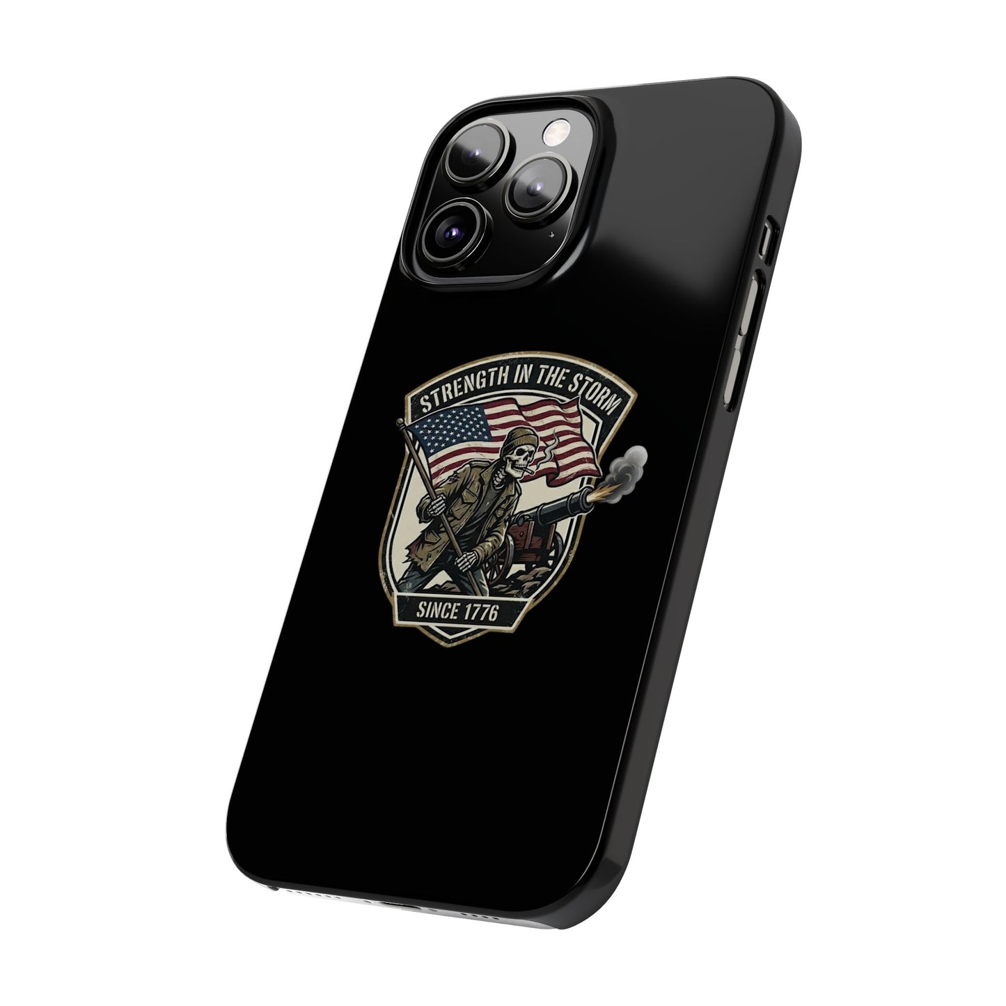 American Slim Phone Case — "Strength in the Storm" Patriotic Skeleton Soldier Design
