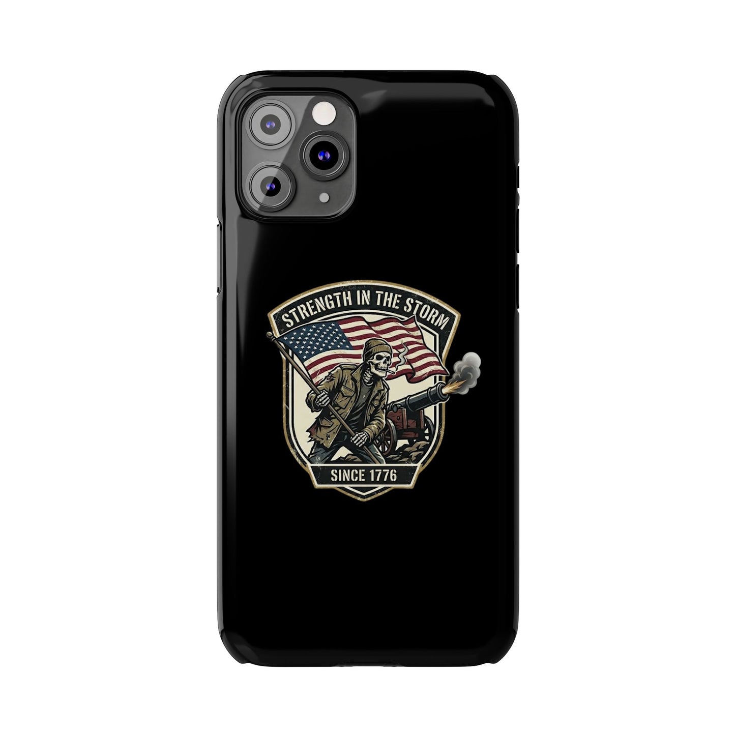 American Slim Phone Case — "Strength in the Storm" Patriotic Skeleton Soldier Design