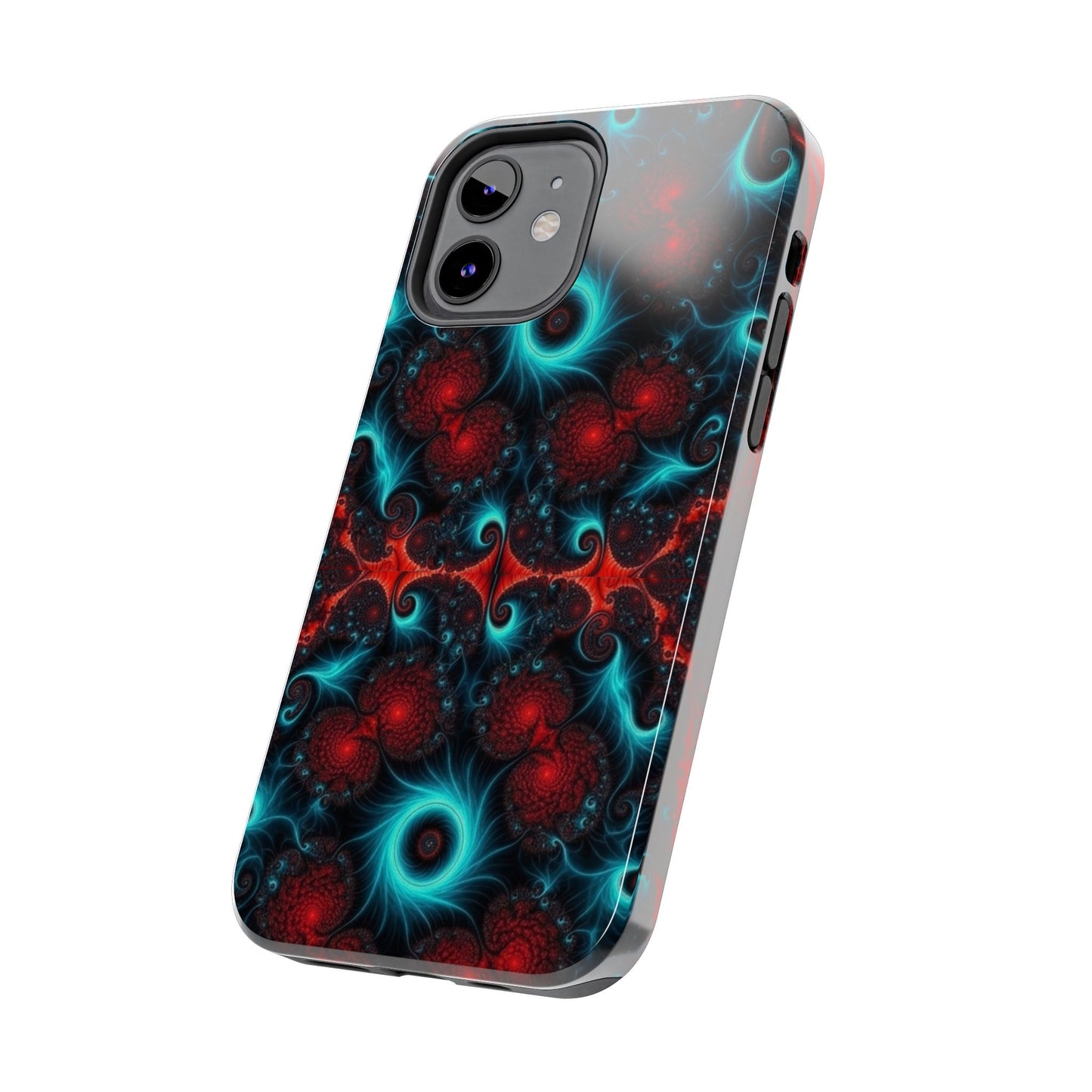 Fractal Bloom Tough Phone Case — Neon Red & Teal Protective Cover