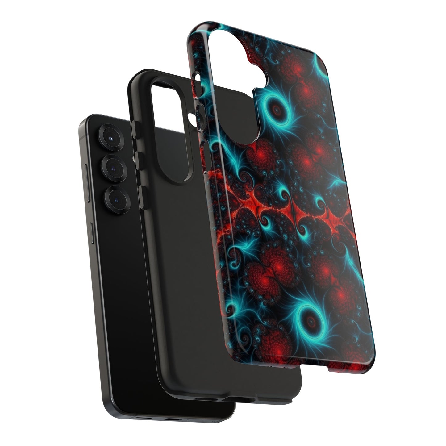 Fractal Bloom Tough Phone Case — Neon Red & Teal Protective Cover