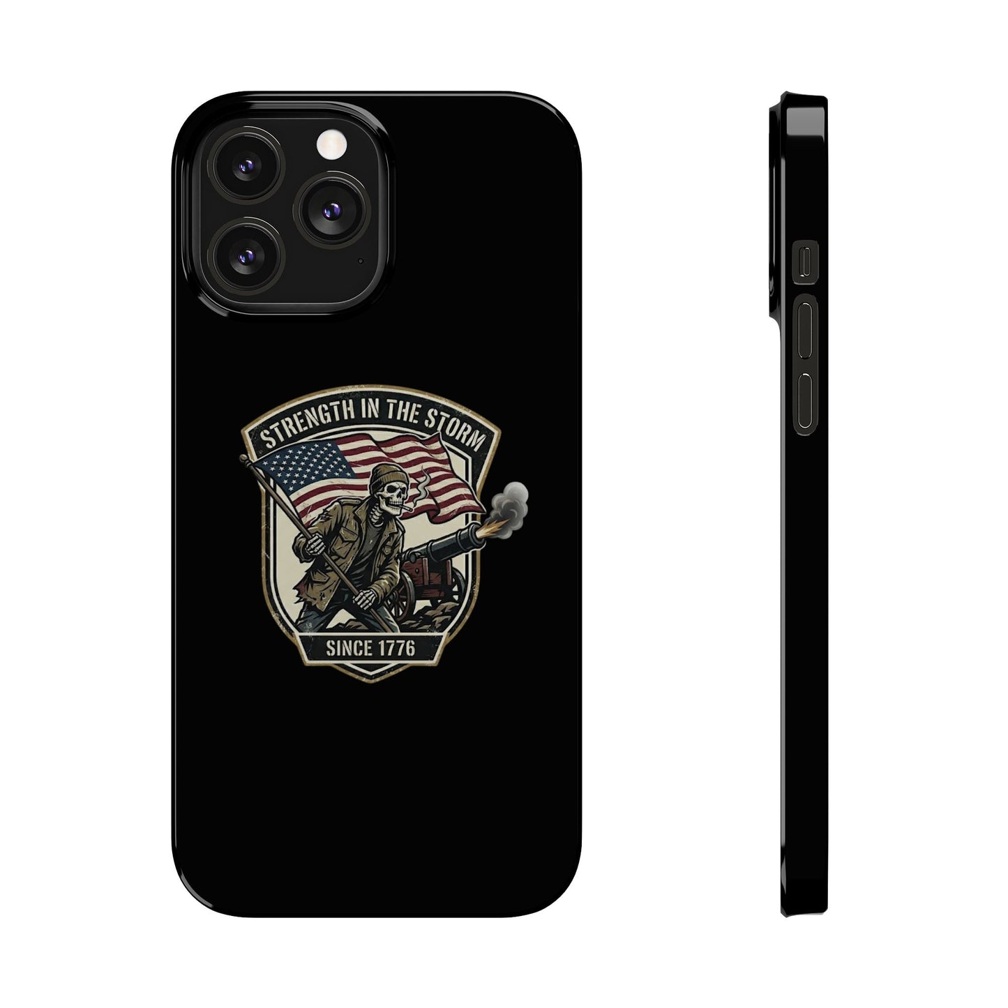 American Slim Phone Case — "Strength in the Storm" Patriotic Skeleton Soldier Design
