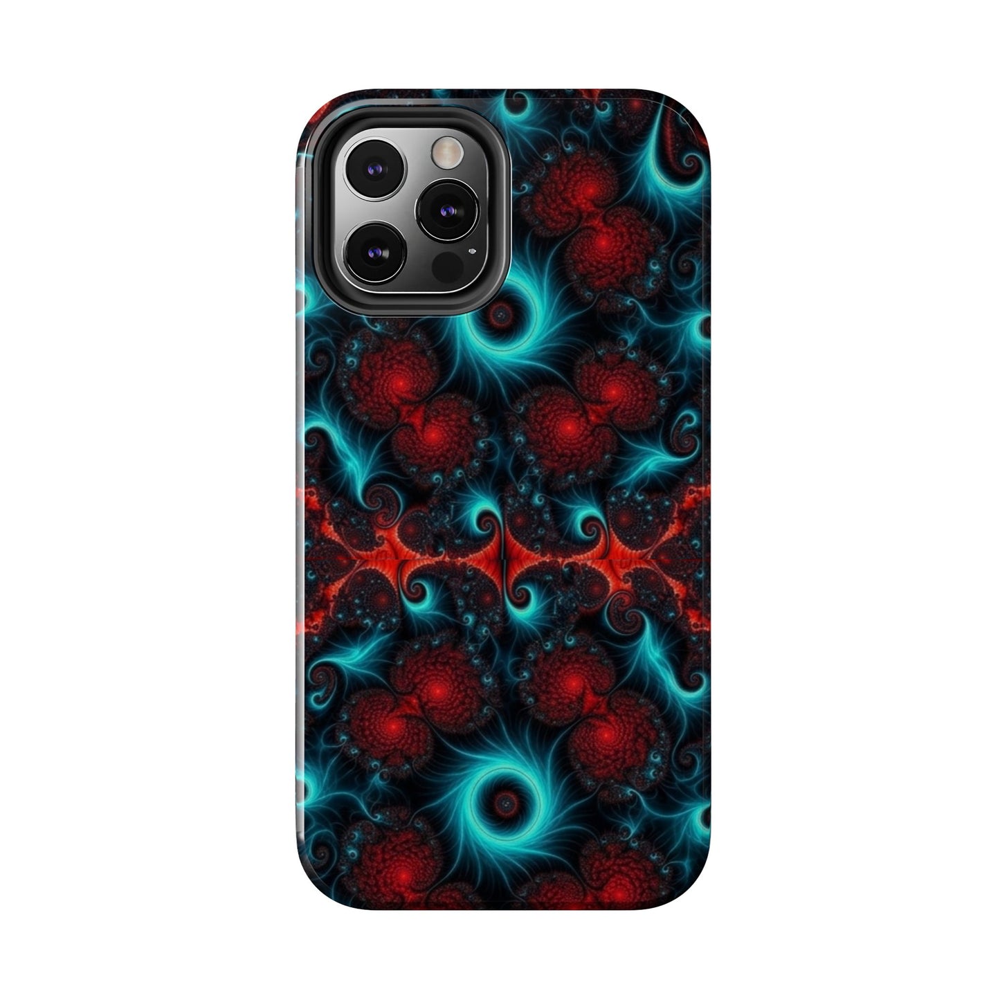 Fractal Bloom Tough Phone Case — Neon Red & Teal Protective Cover