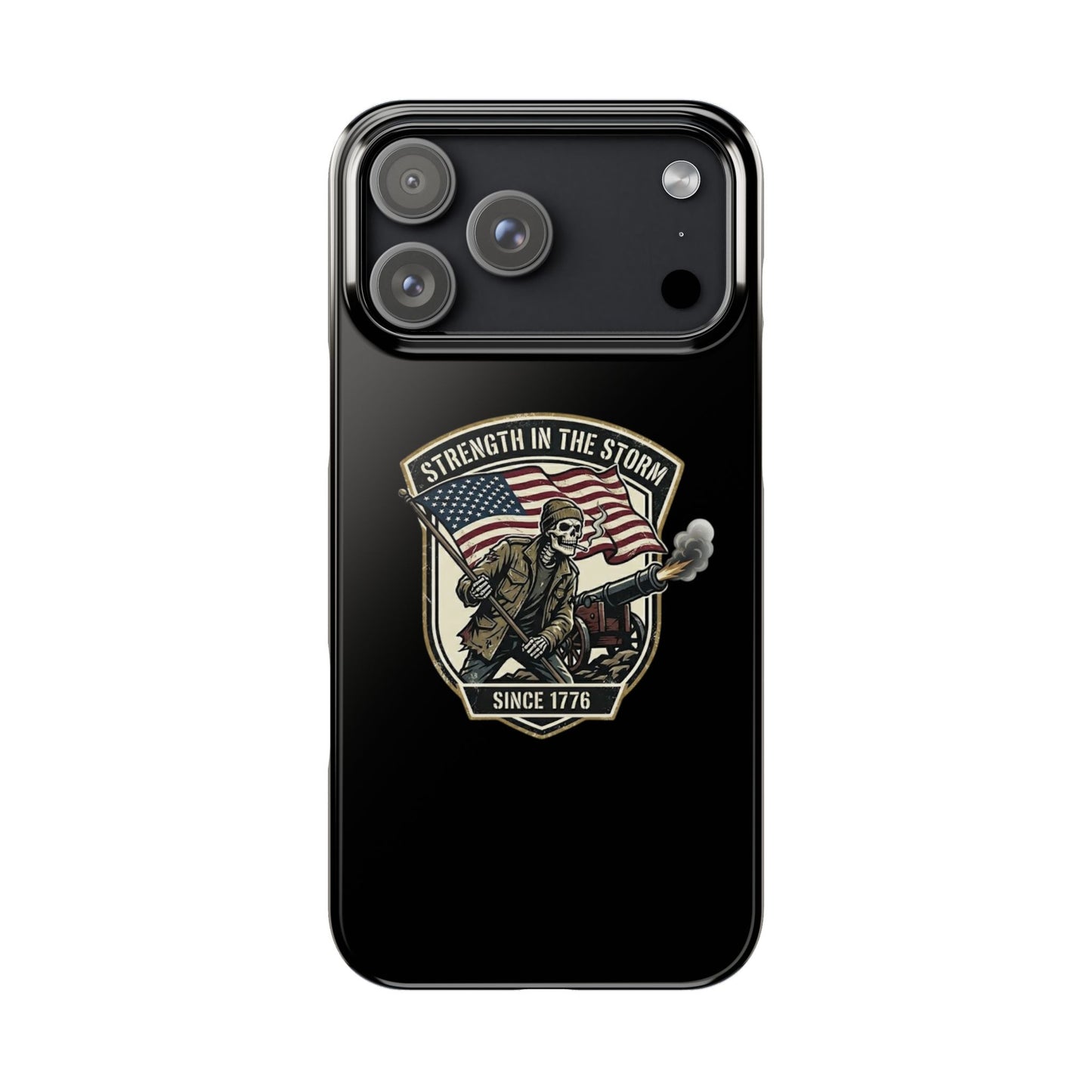 American Slim Phone Case — "Strength in the Storm" Patriotic Skeleton Soldier Design