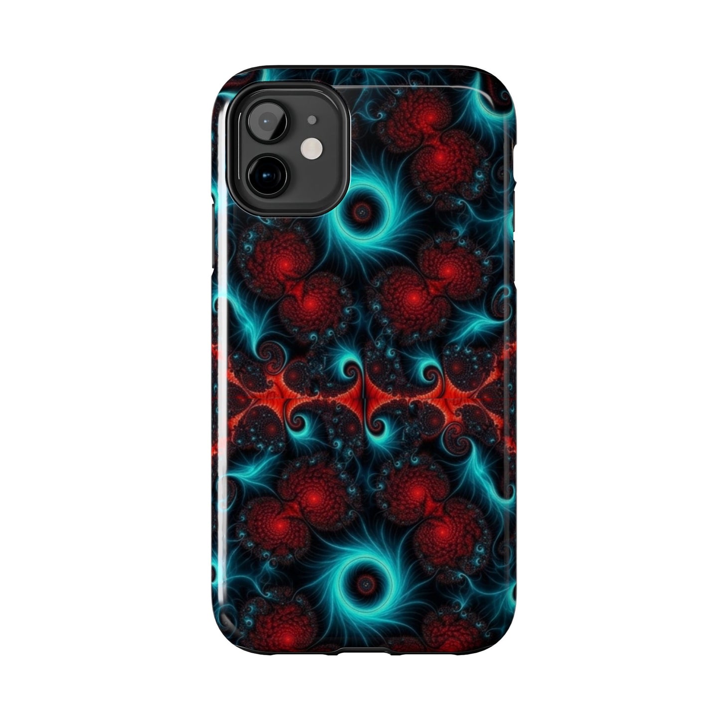 Fractal Bloom Tough Phone Case — Neon Red & Teal Protective Cover
