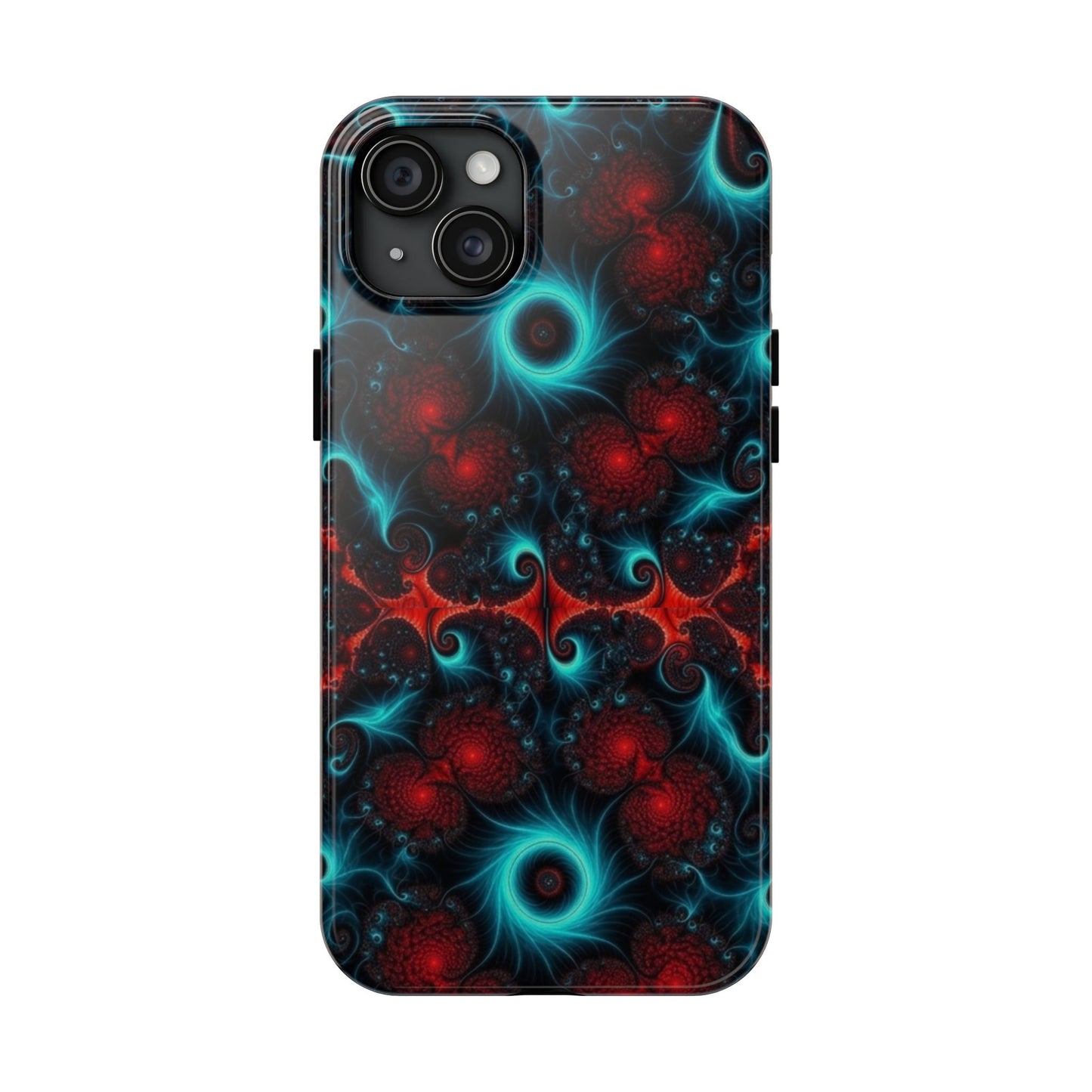 Fractal Bloom Tough Phone Case — Neon Red & Teal Protective Cover
