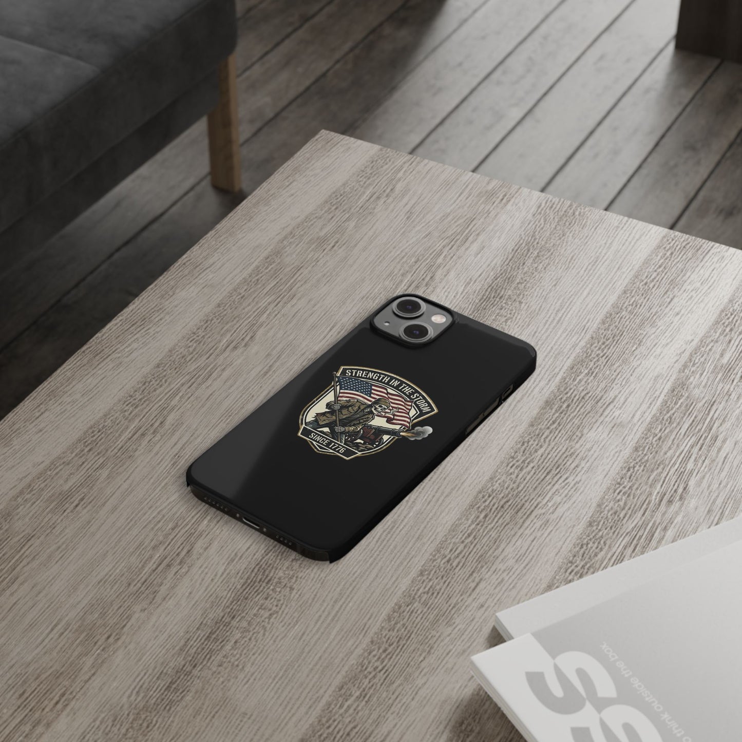 American Slim Phone Case — "Strength in the Storm" Patriotic Skeleton Soldier Design