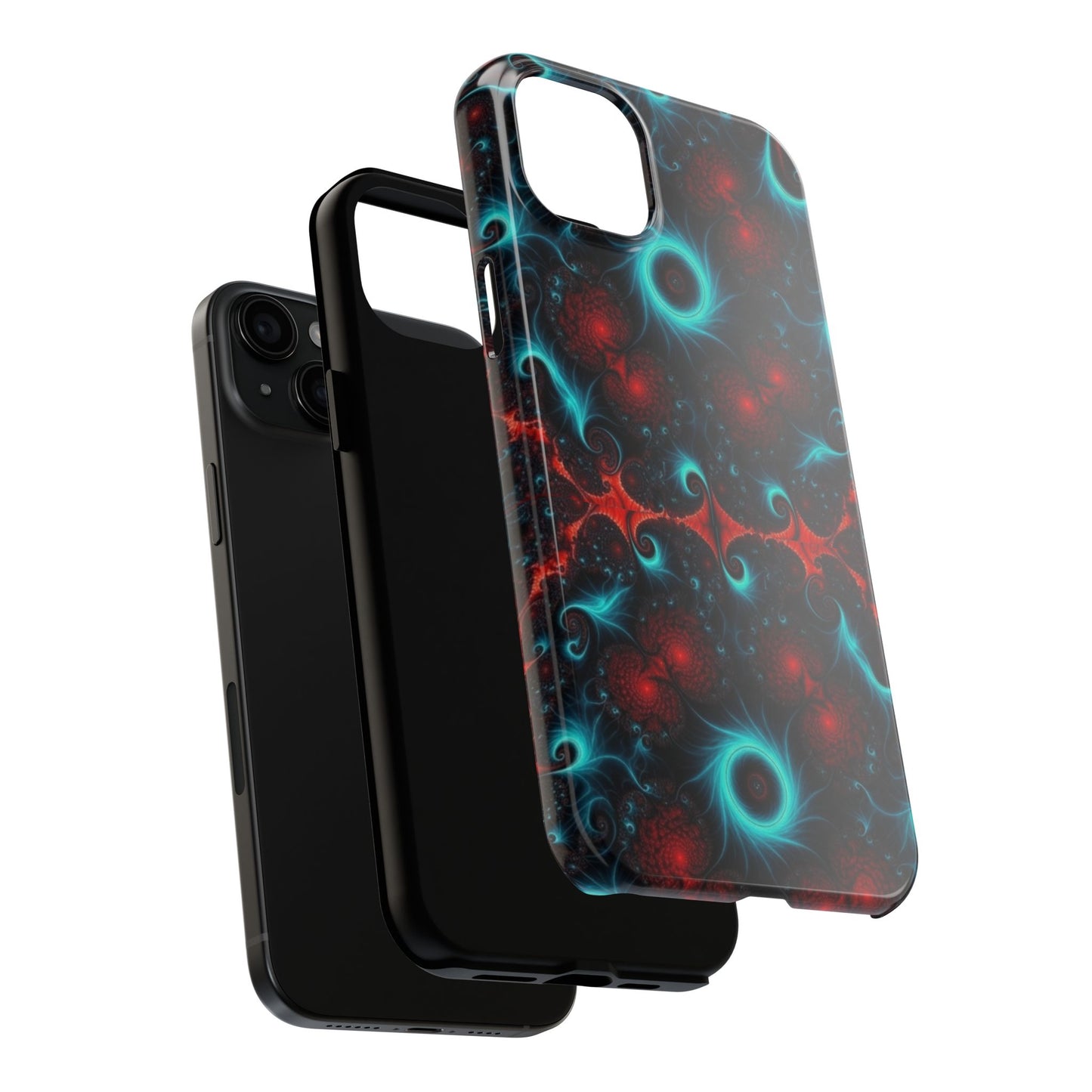 Fractal Bloom Tough Phone Case — Neon Red & Teal Protective Cover