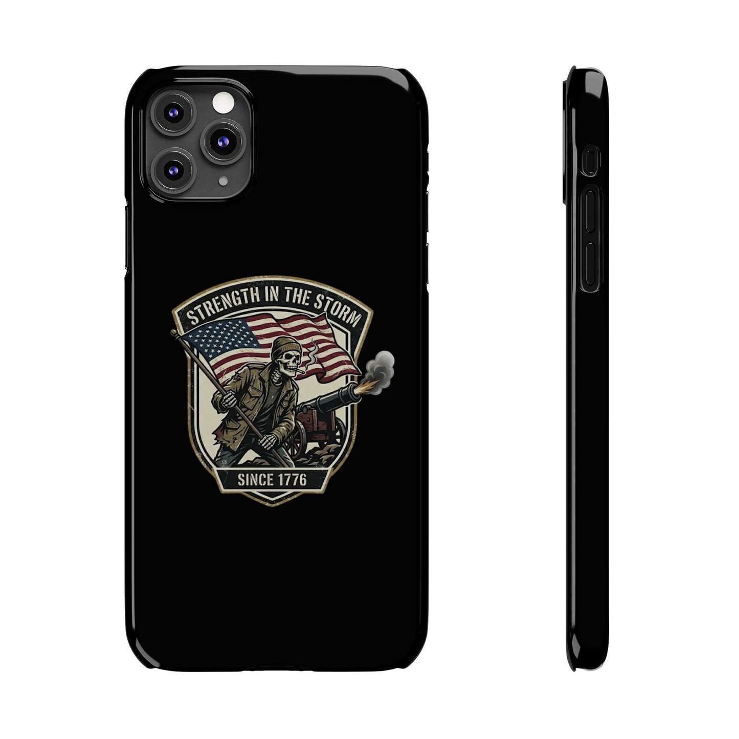 American Slim Phone Case — "Strength in the Storm" Patriotic Skeleton Soldier Design