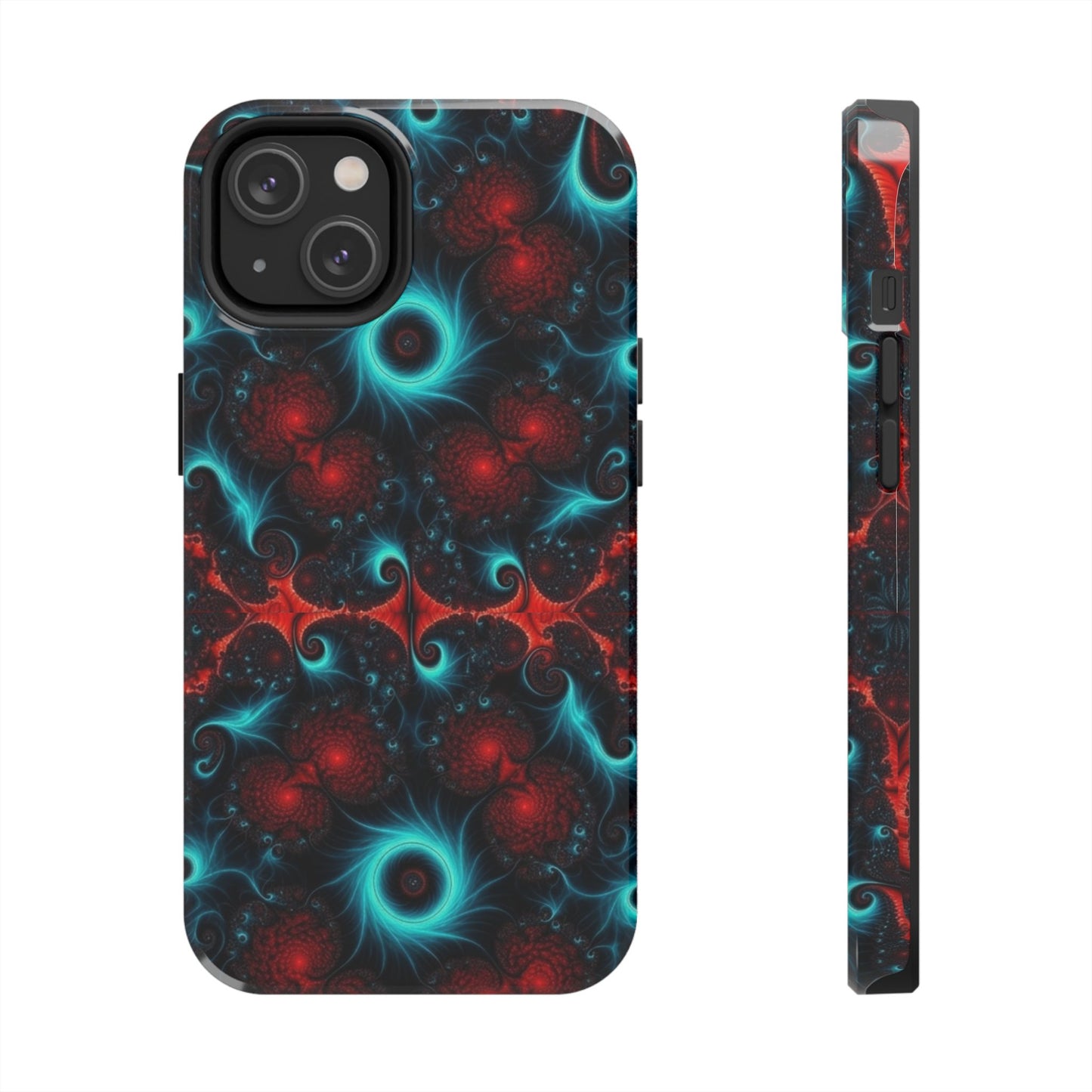 Fractal Bloom Tough Phone Case — Neon Red & Teal Protective Cover