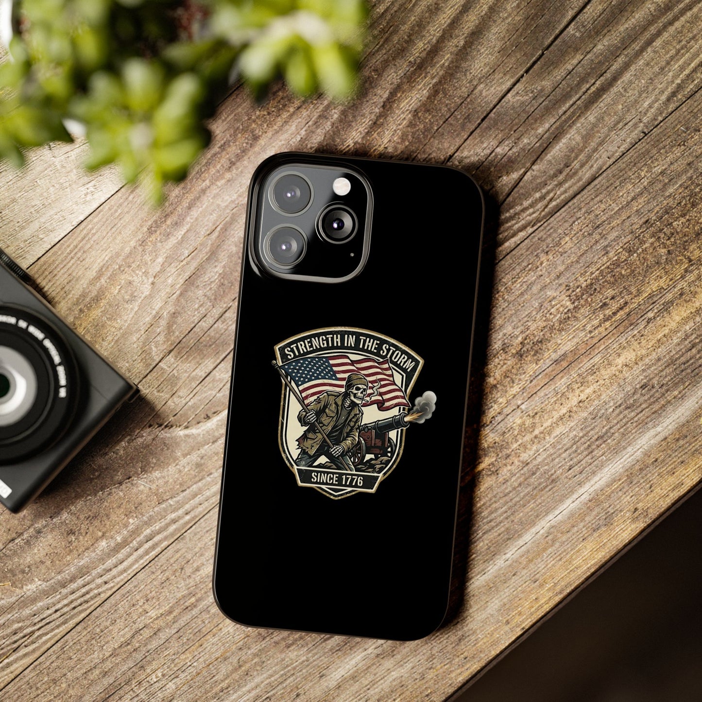 American Slim Phone Case — "Strength in the Storm" Patriotic Skeleton Soldier Design