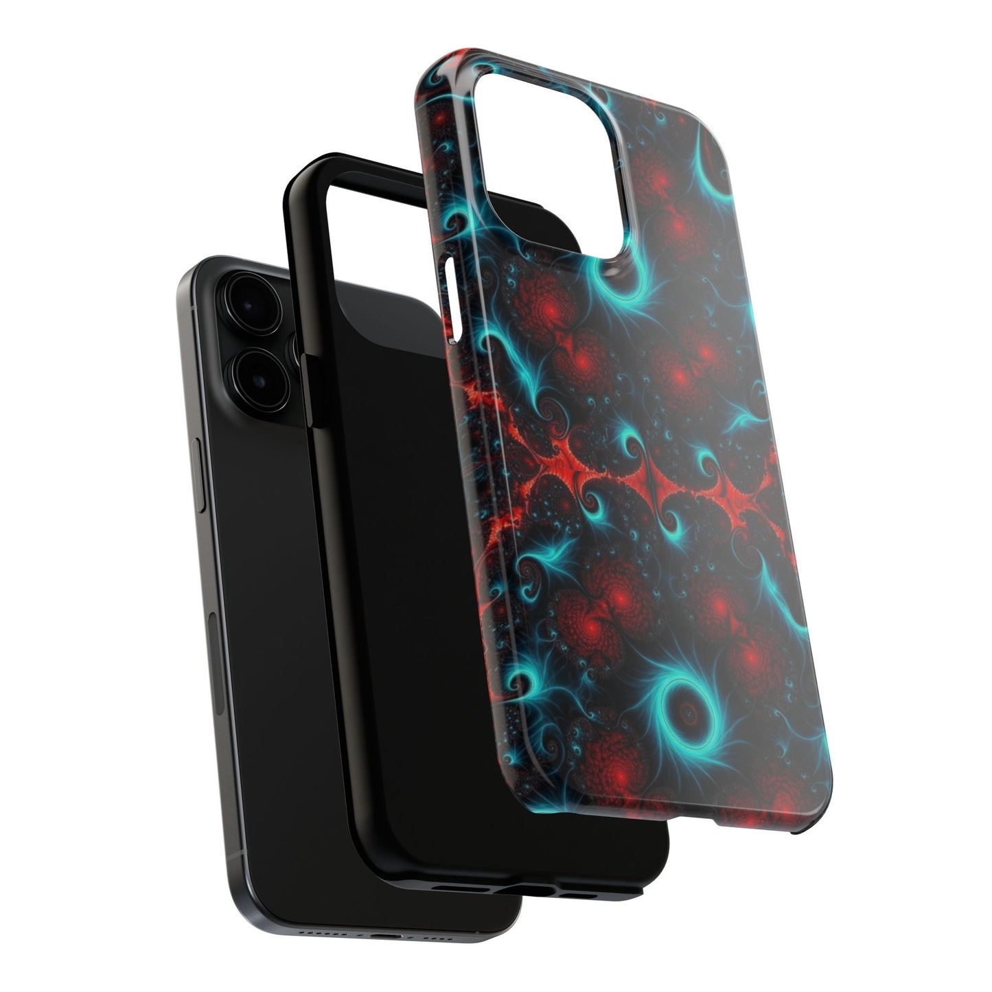Fractal Bloom Tough Phone Case — Neon Red & Teal Protective Cover