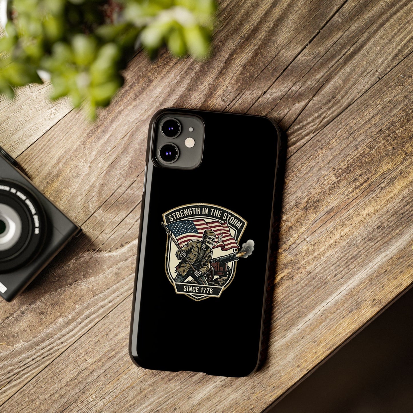 American Slim Phone Case — "Strength in the Storm" Patriotic Skeleton Soldier Design