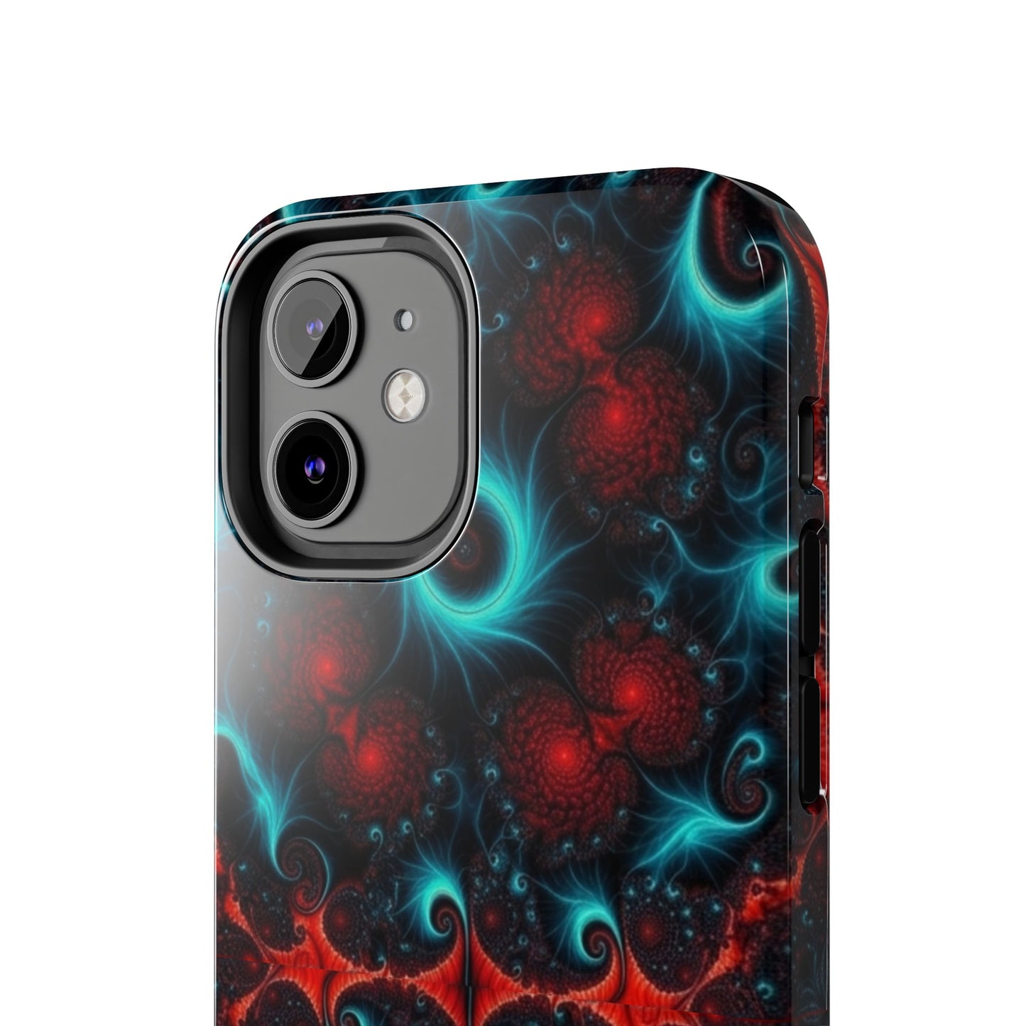 Fractal Bloom Tough Phone Case — Neon Red & Teal Protective Cover